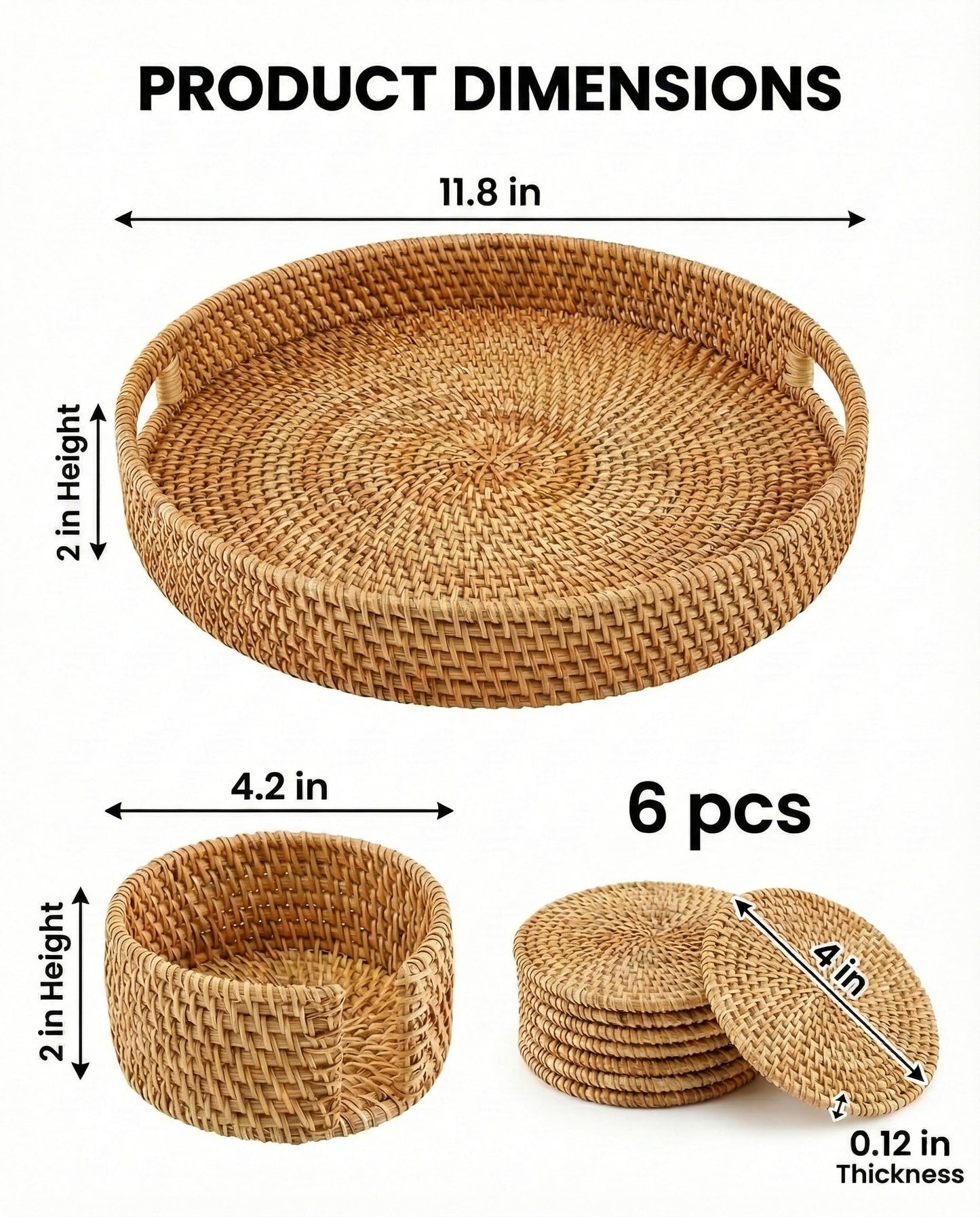 LXZNRQU Round Rattan Serving Tray & 6 Coasters Set with Holder - 11.8" Handwoven Natural Wicker Ottoman Tray with Handles - Decorative Boho Farmhouse Coffee Table Tray for Living Room Home Décor