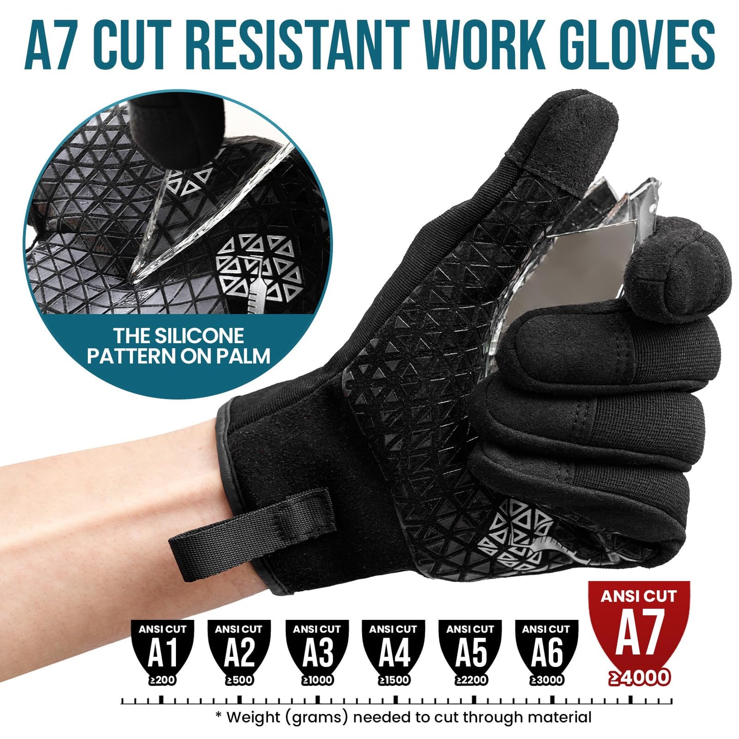 TAILI Level 3 Needle, Level 5 Puncture Resistant Work Gloves for Gardening, Touchscreen, Breathable, Grip Enhanced A7 Cut Resistant Safety Gloves, Black, Small (S), 1 Pair