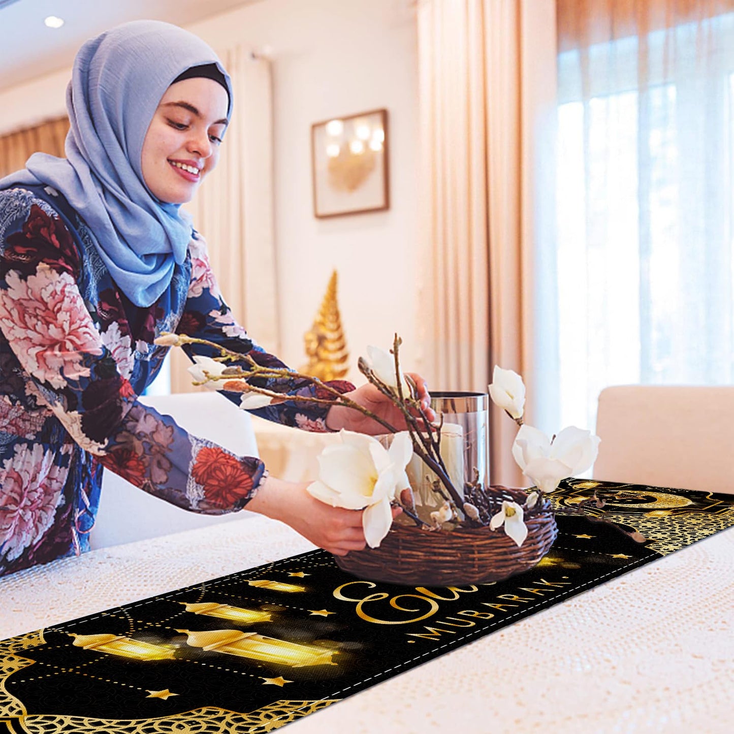 Fengrise Eid Mubarak Table Runner - Black Gold Ramadan Kareem Decorations for Home 2026, Star Moon and Lantern Pattern, Eid Al-Fitr Table Cloth,Islamic Decorations Supplies for Kitchen Indoor (13x72)