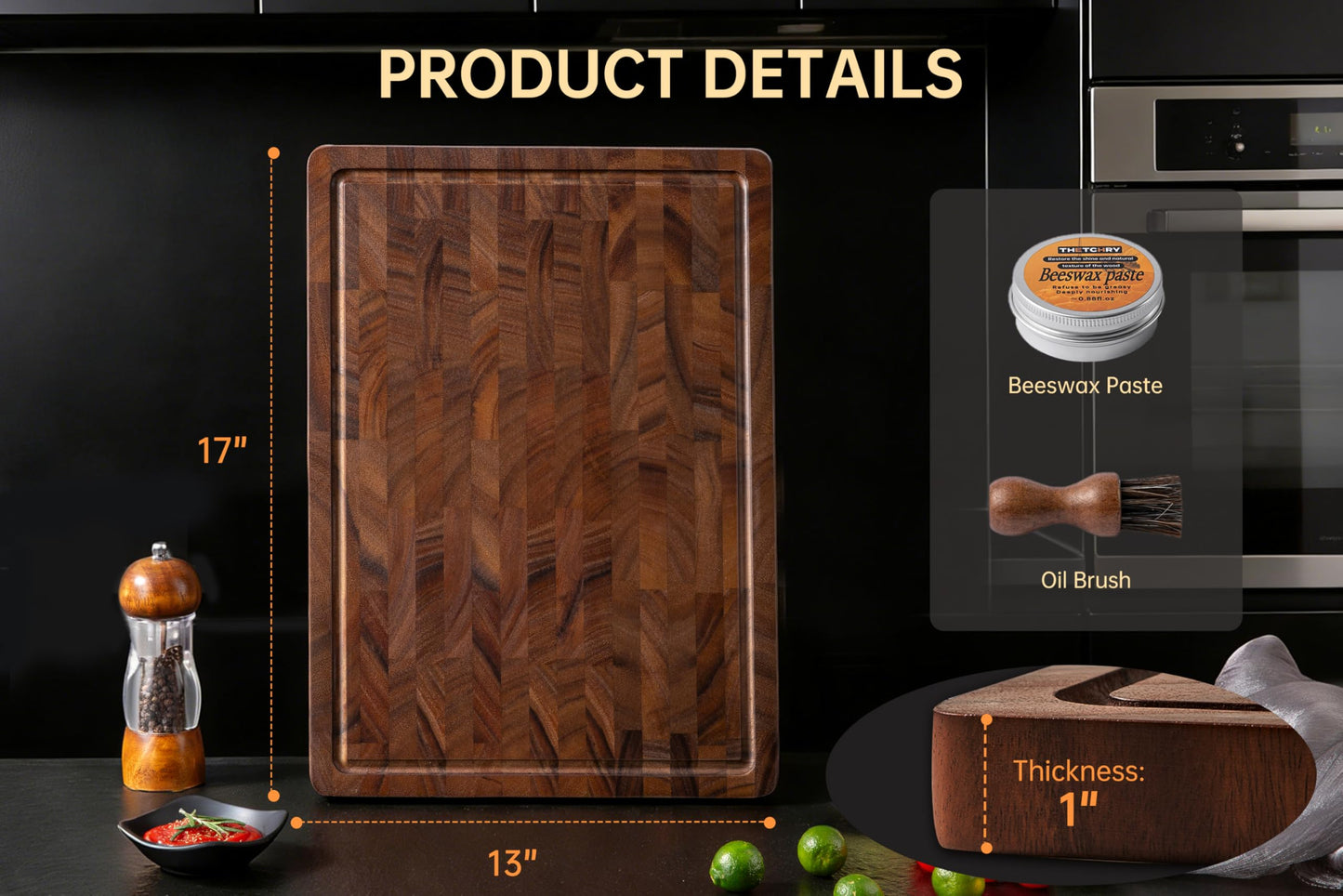 THETCHRY Walnut Cutting Boards for Kitchen, End Grain Wooden Cutting Board, Large Chopping Board Double Sided with Handle, Thick Butcher Block Charcuterie Meal Prep & Serving with Gift Box, 17"×13"×1"