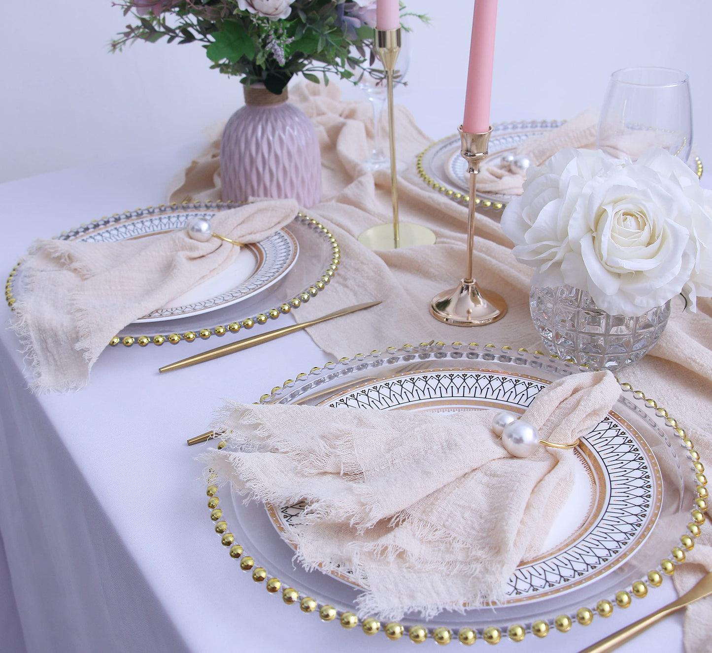 Fall Cloth Napkins with Fringe Set of 12,100% Soft Cotton,Washable Gauze Napkins Great for Weddings Decorative,Dinner Parties,Family Everyday Use (12 Pack, Beige)