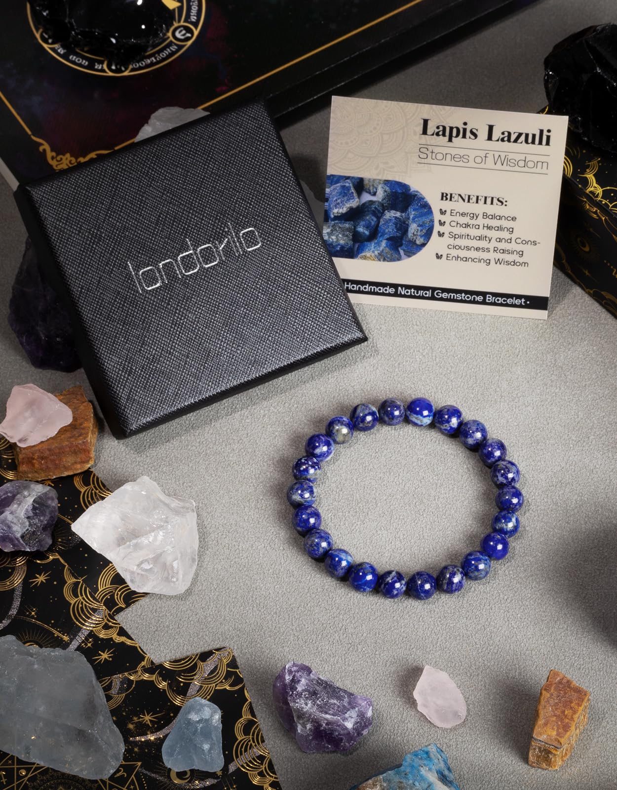 Landorilo Beaded Bracelet for Men Women, 8mm Natural Stone Lapis Lazuli Healing Crystal Stretch Bracelets, Ideal Christmas Birthday Jewelry Gifts with Energy Card，Replacement Beads Included