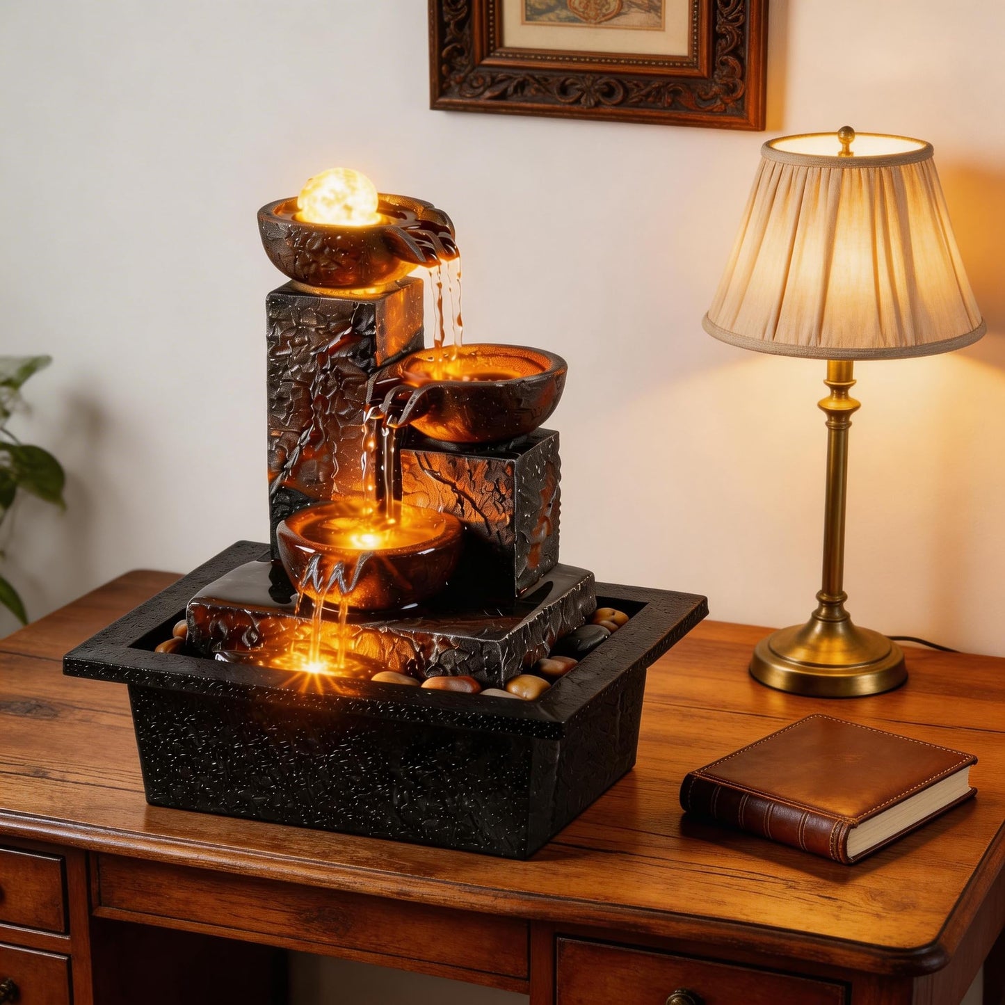 Tolevoit Three Bowls with Rotating Ball Flowing Tabletop Fountain Home Décor Indoor Decor Waterfall Sound Zen Mini Fountain Warm Led Light Pebbles Stone(23114)