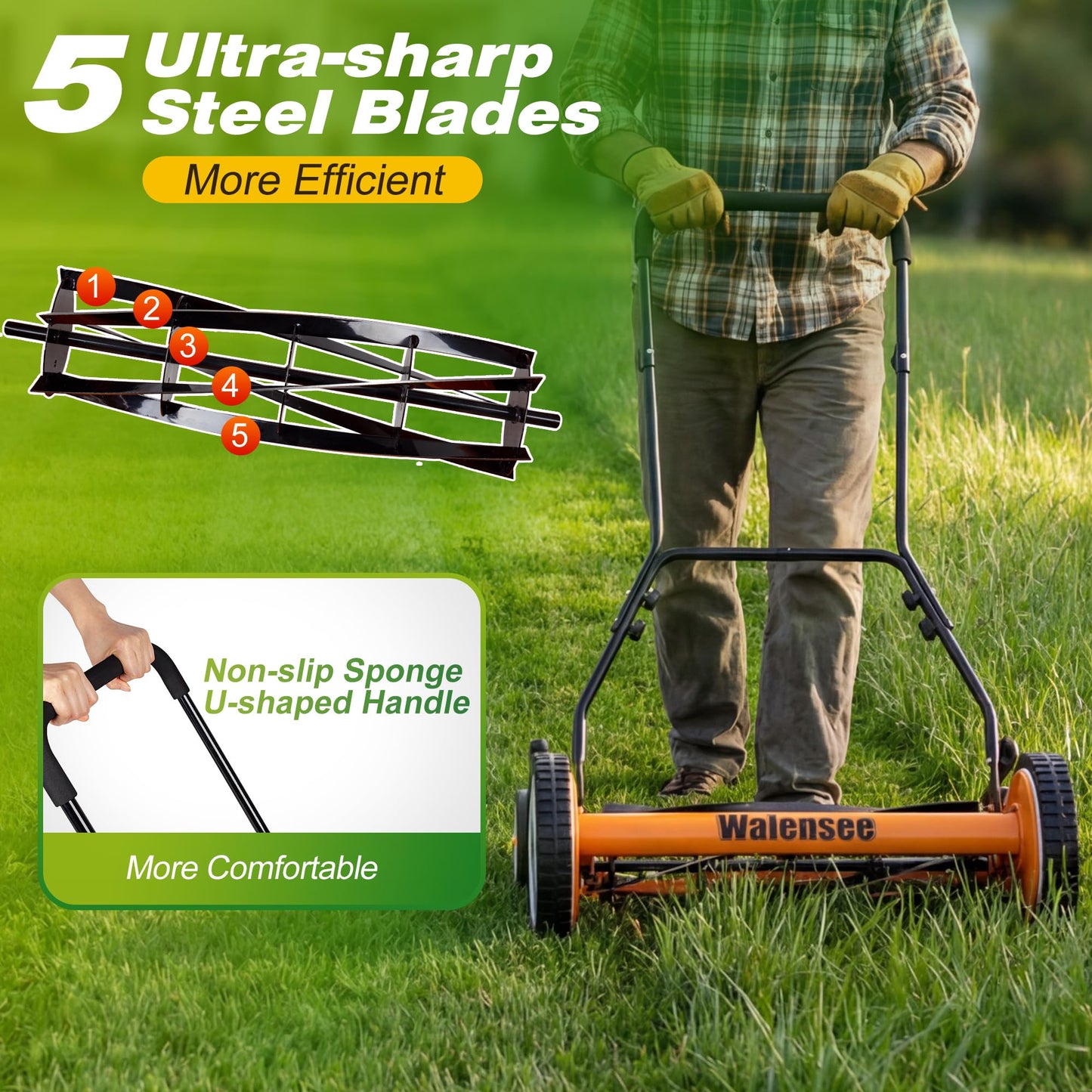 Walensee Push Reel Lawn Mower, 20-Inch 5-Blade Cordless Manual Reel Lawn Mower, Walk-Behind Steel Lawn Mower with 9-Position Cutting Height Adjustment & Sponge Grip