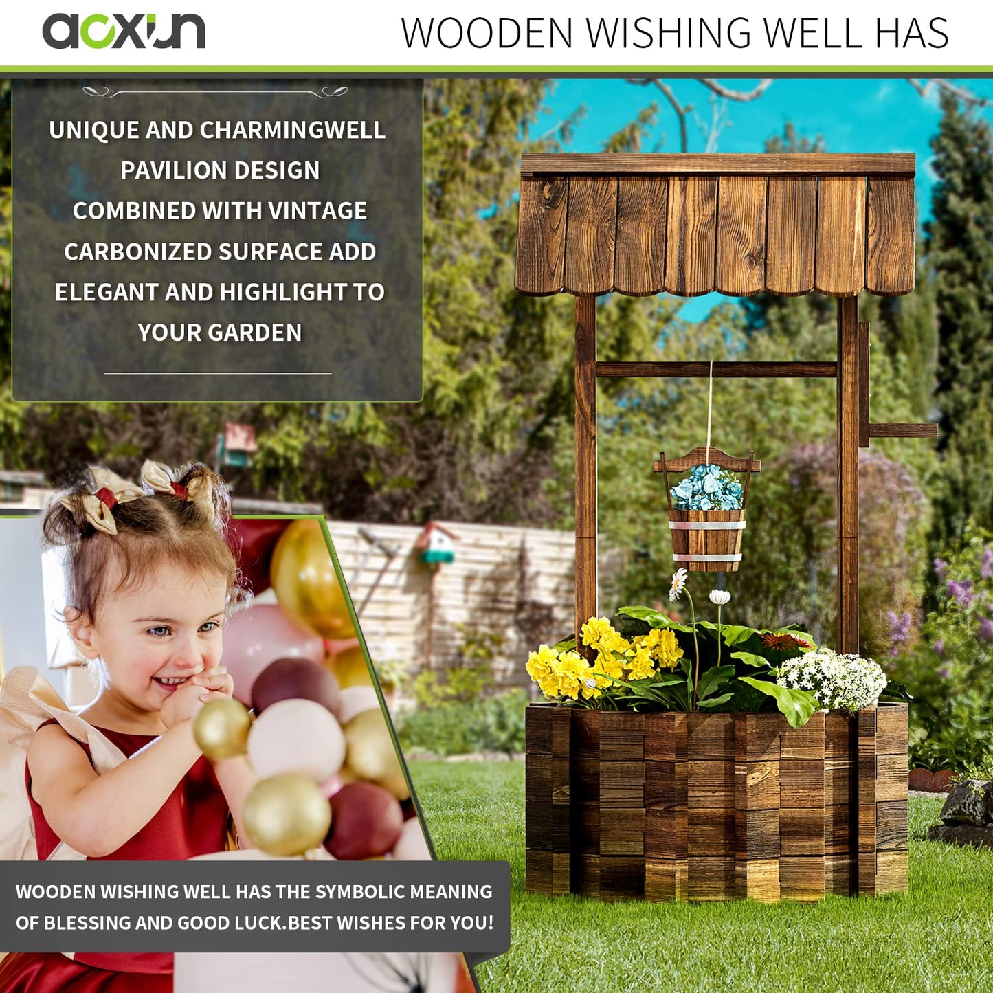Aoxun Wooden Wishing Well Planters with Hanging Bucket, Garden Helper, Rustic Garden Decor for Outside, Yard, and Patio, Upgrade Reinforced Base, Brown