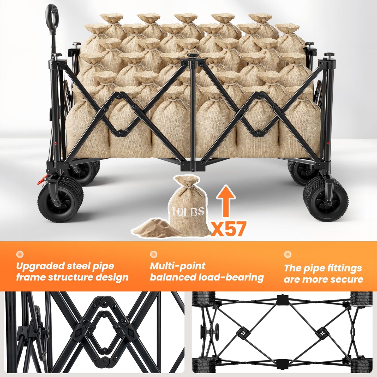 Collapsible Wagon Carts Foldable 570LBS Beach Wagon with Big All-Terrain Wheels Weight Capacity Heavy Duty Utility Carts with Cup Holders for Garden, Camping, Grocery, Sports Black