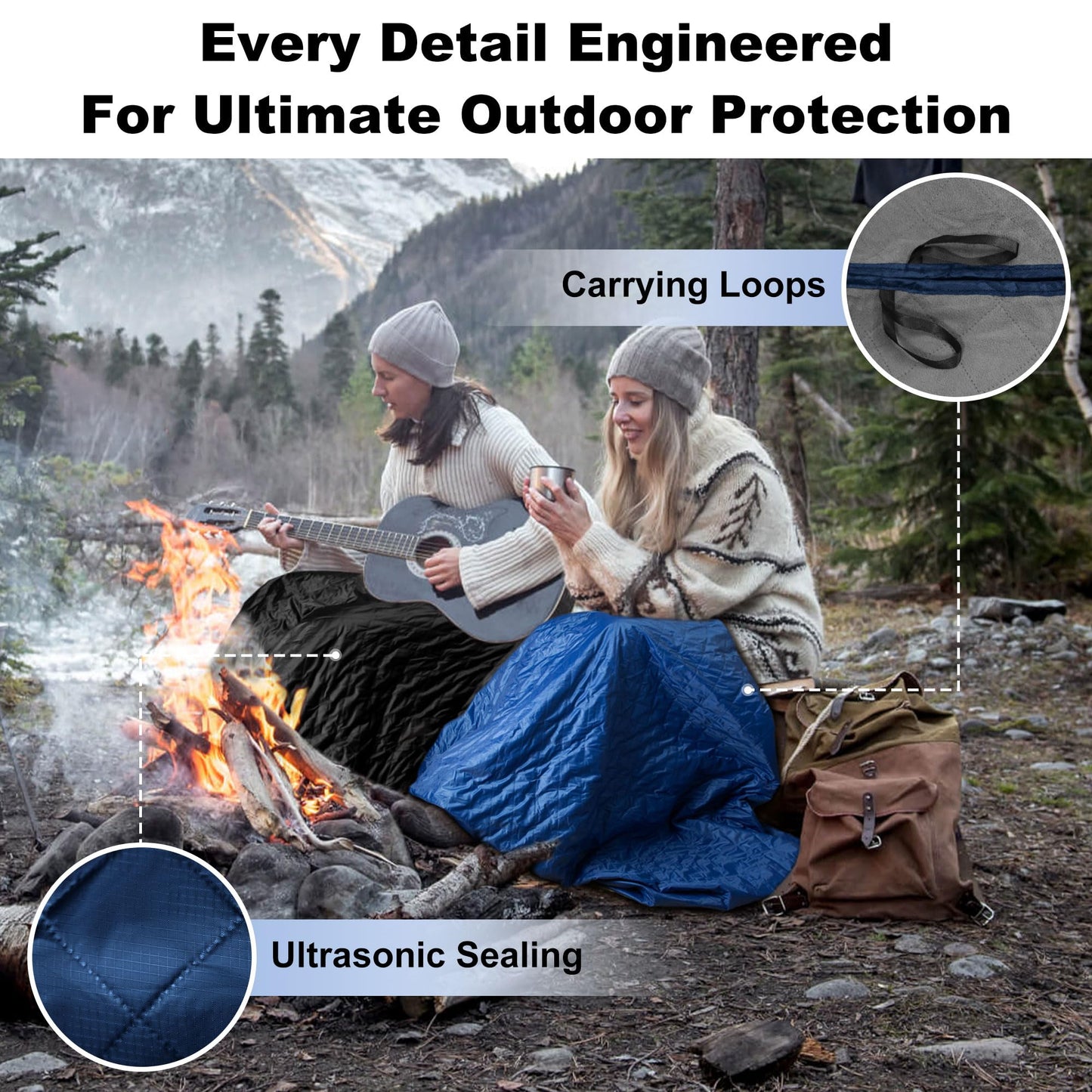 Waterproof Outdoor Blanket 82”X 55” Packable, Stadium Blankets for Camping with Sherpa Fleece Lining, Large Windproof Emergency Throw for Garss Picnic Hiking Road Trip, Machine Washable, Black 300GSM