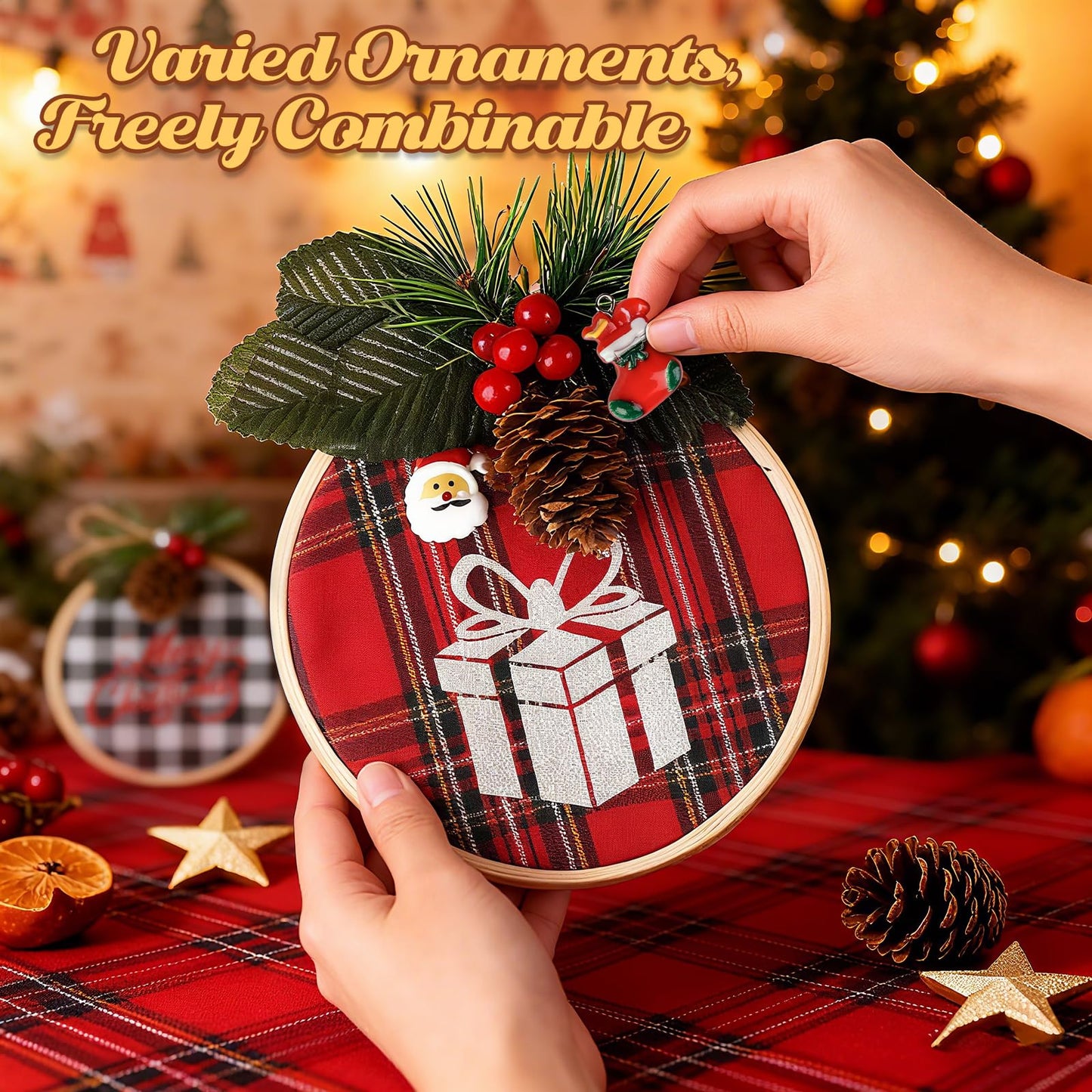 Ecoofor 8 Pack DIY Christmas Ornaments Craft Kit, Christmas Ornaments Kits with Plaid Fabric Bamboo Hoops Pinecones Berries and Other Accessories, Perfect for Christmas Crafts and Holiday Decorations