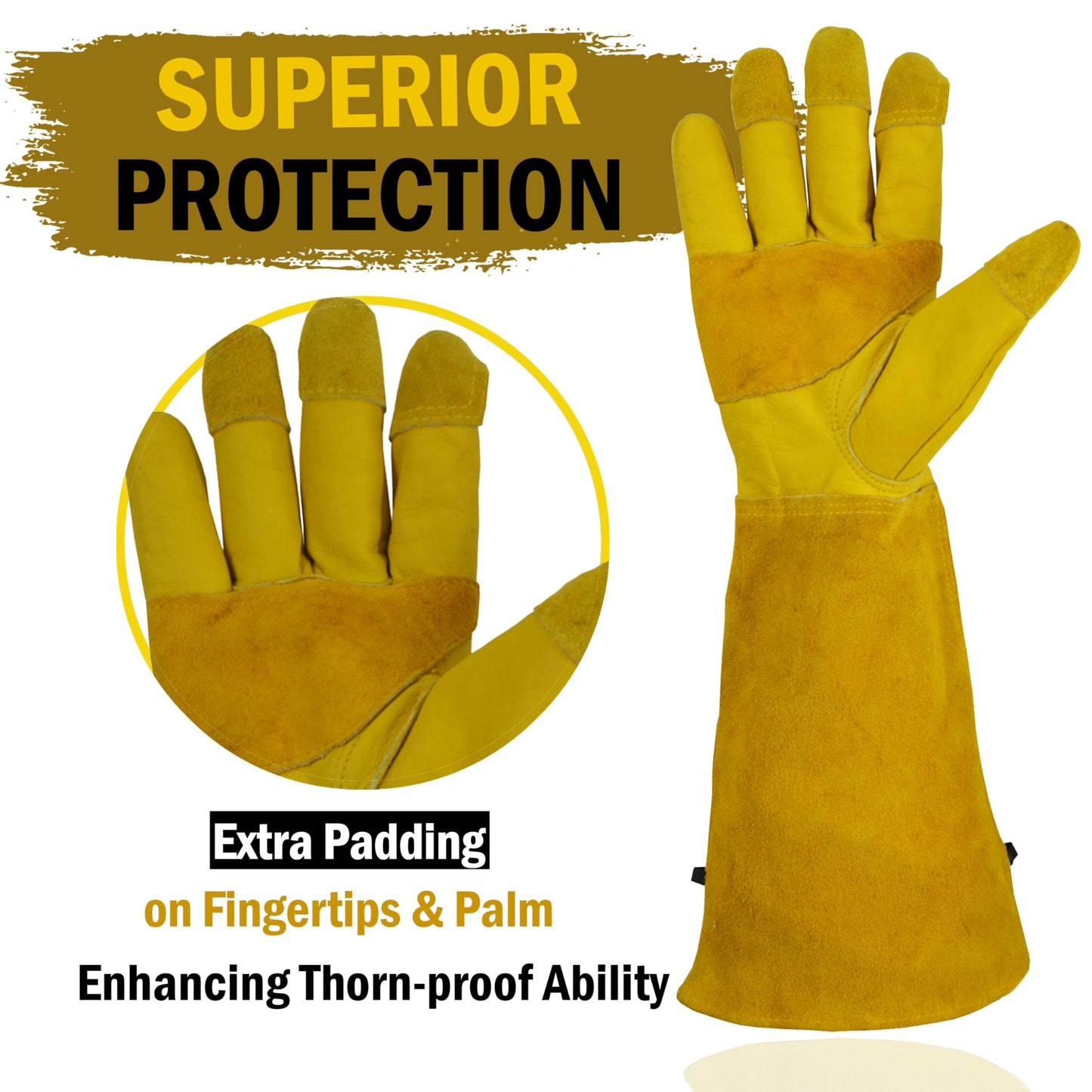 SPIR8UP Cowhide Rose Pruning Gloves, Thorn Proof Long Gardening Gloves for Women & Men, Durable Gauntlet for Cactus Handling (Yellow, Large)