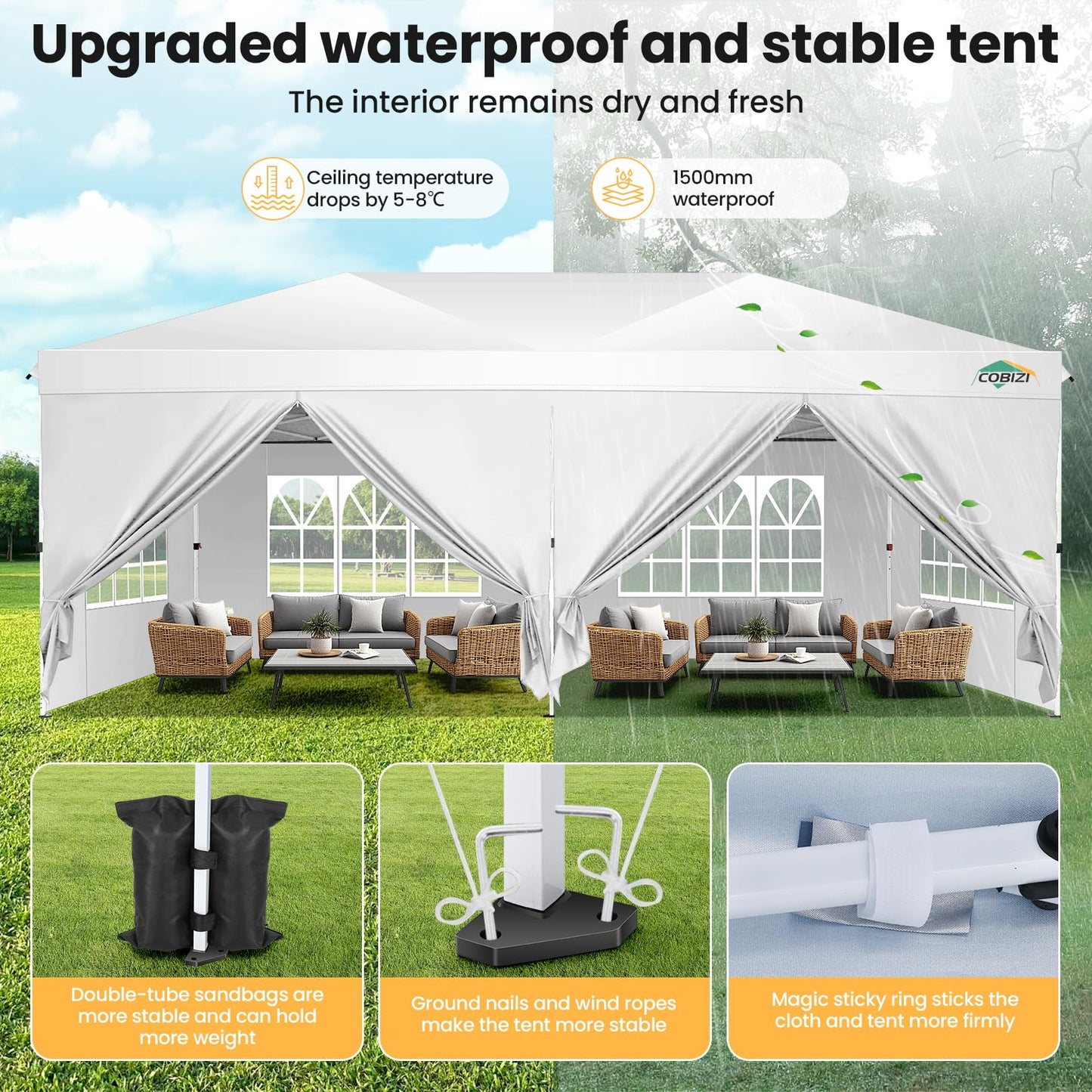 COBIZI 10x20 Pop Up Canopy Tent, One Push Easy Up Gazebo with 6 Removable Sidewalls & Air Vent, Waterproof UV50+ Commercial Canopy with 4 Sandbags, Stakes & Ropes for Parties/Camping/Backyard,White