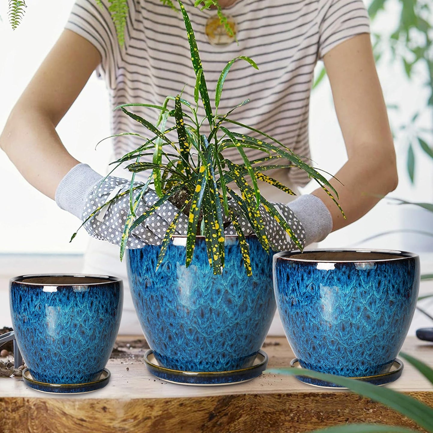 EPFamily Plant Pots Indoor, Ceramic Planters Pots with Drainage Holes and Saucers, 10+8+6 Inch, Set of 3, Round Large Flower Pots for Indoor Outdoor Plants, Blue
