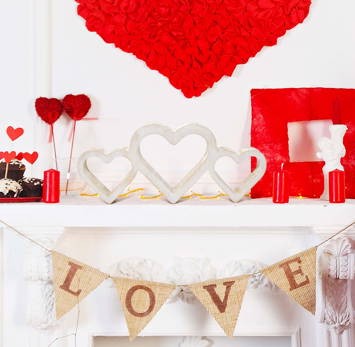 Gift Boutique Valentine's Day White Rustic Triple Heart Shaped Sign Decor Love Hearts Wooden Cutout Wall Table Tiered Tray Centerpiece Home Decoration