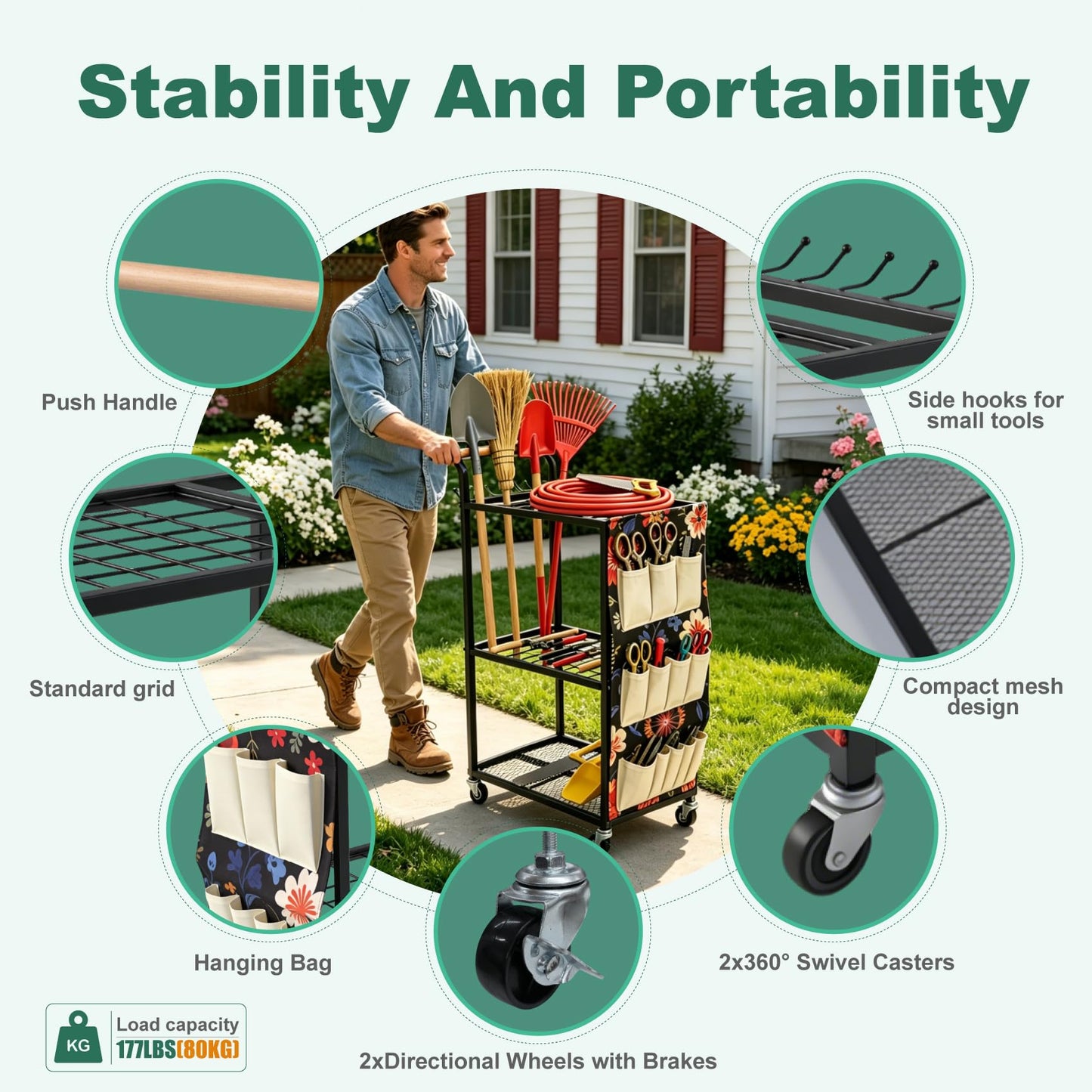 Garden Tool Organizer with Wheels & Storage Bag, 40 Inch Rolling Mobile Cart, 6-Hook Metal Storage Rack with Mesh Panel for Garage Shed Patio Organization, Black