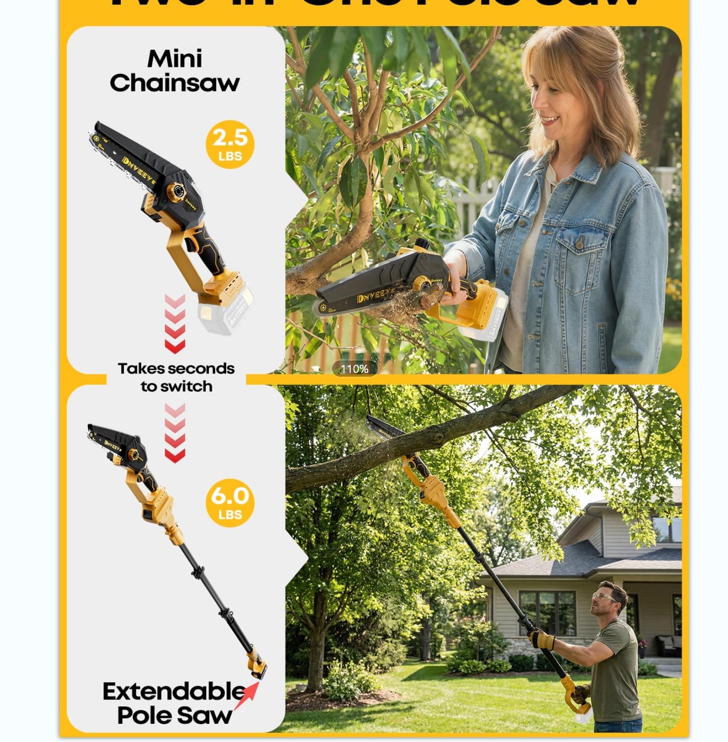 Dnveey 8-Inch Cordless Pole Saw for Tree Trimming, Compatible with DeWalt 20V Max, 15.6FT Extendable 2-in-1 Mini Chainsaw & Tree Trimmer, 800W Brushless [Tool Only - No Battery]