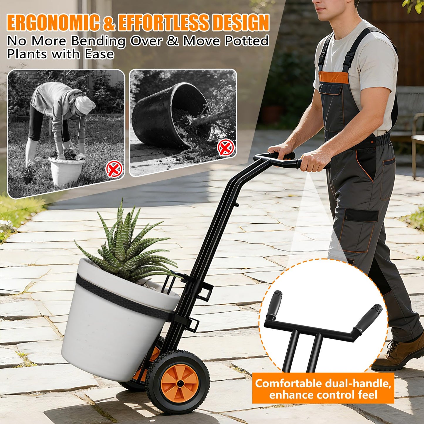 KJX Adjustable Plant Caddy with Wheels, Heavy Duty Plant Dolly Cart with Grab Arm and Strap Dual Protection, Garden Potted Plant Mover Dolly for Planter Flower Pots Indoor Outdoor
