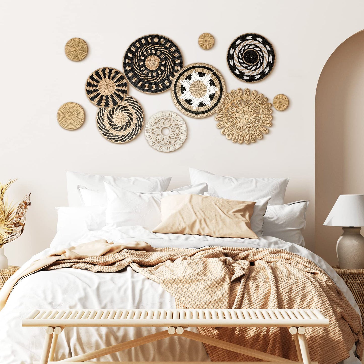 Tatuo 11 Pcs Boho Wall Basket Decor Bulrush Woven Wall Hanging Art Round Farmhouse Rustic Handmade Wicker for Summer Home, Bedroom, Living Room, Kitchen Decorations, Multi Sizes(Boho)