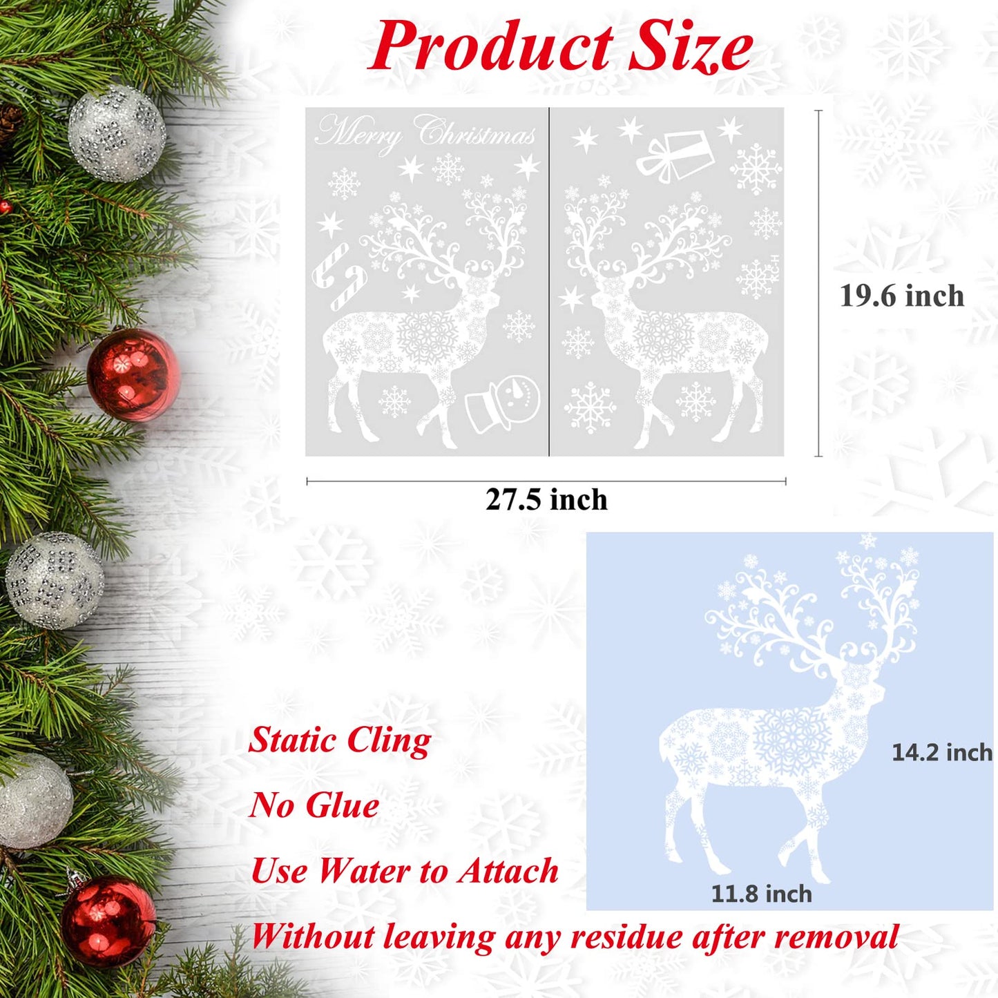 ONDY Christmas Snowflake Window Cling Stickers for Glass, Xmas Decals Decorations Holiday Snowflake Santa Claus Reindeer Decals for Party, Christmas No Glue Static Stickers for Glass Windows