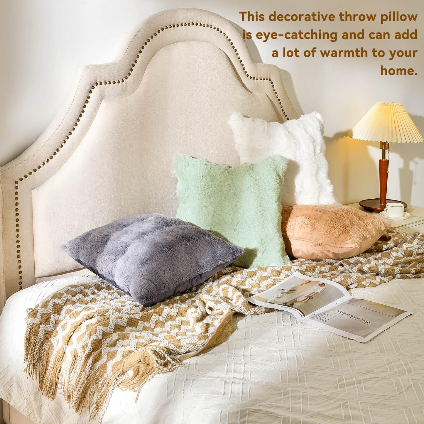 AmHoo Pack of 2 Throw Pillow Covers 3D Dense Faux Rabbit Fur Cozy Super Soft Fuzzy Set Case Cushion for Couch Sofa Bedroom 22 x 22-Inch Cream White