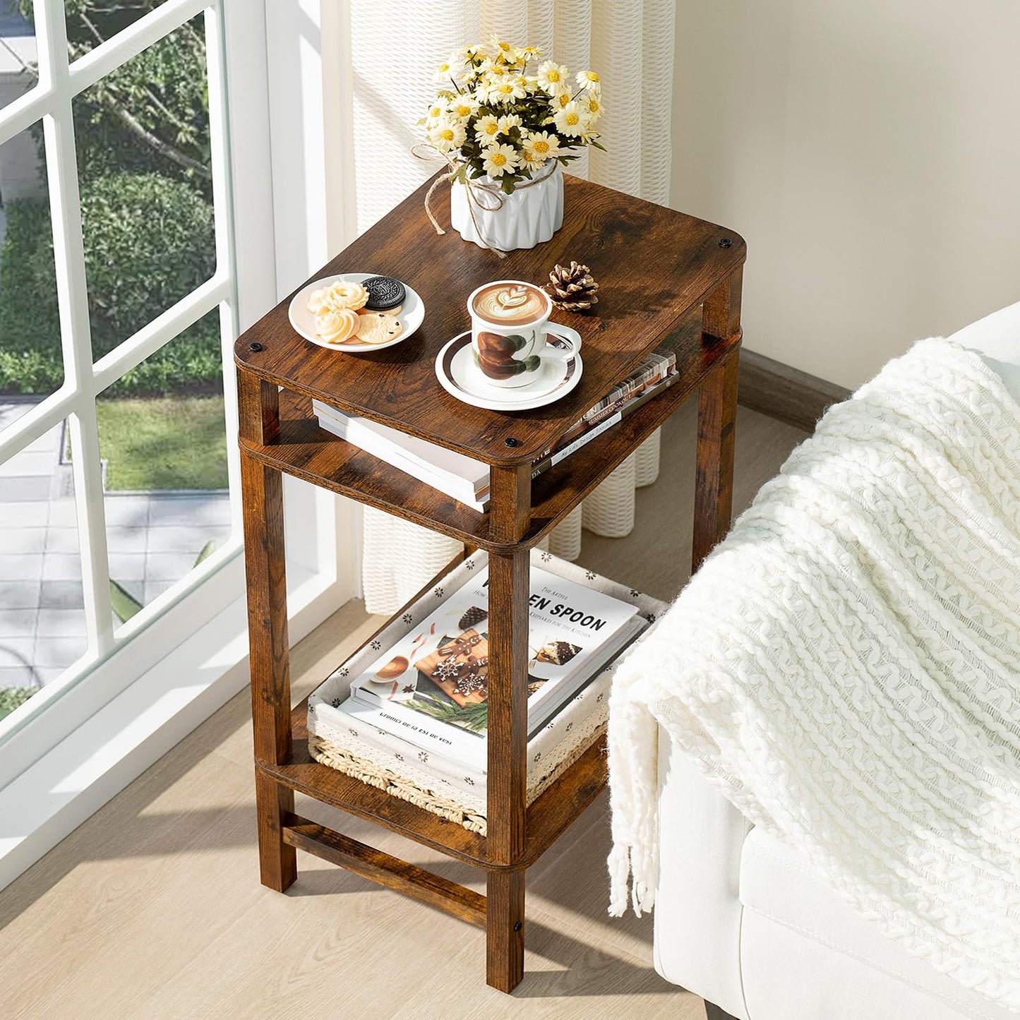 YUFAM Side Table End Table Tall Night Stand 3-Tier for Living Room Bedroom Bathroom Office Furniture Brown