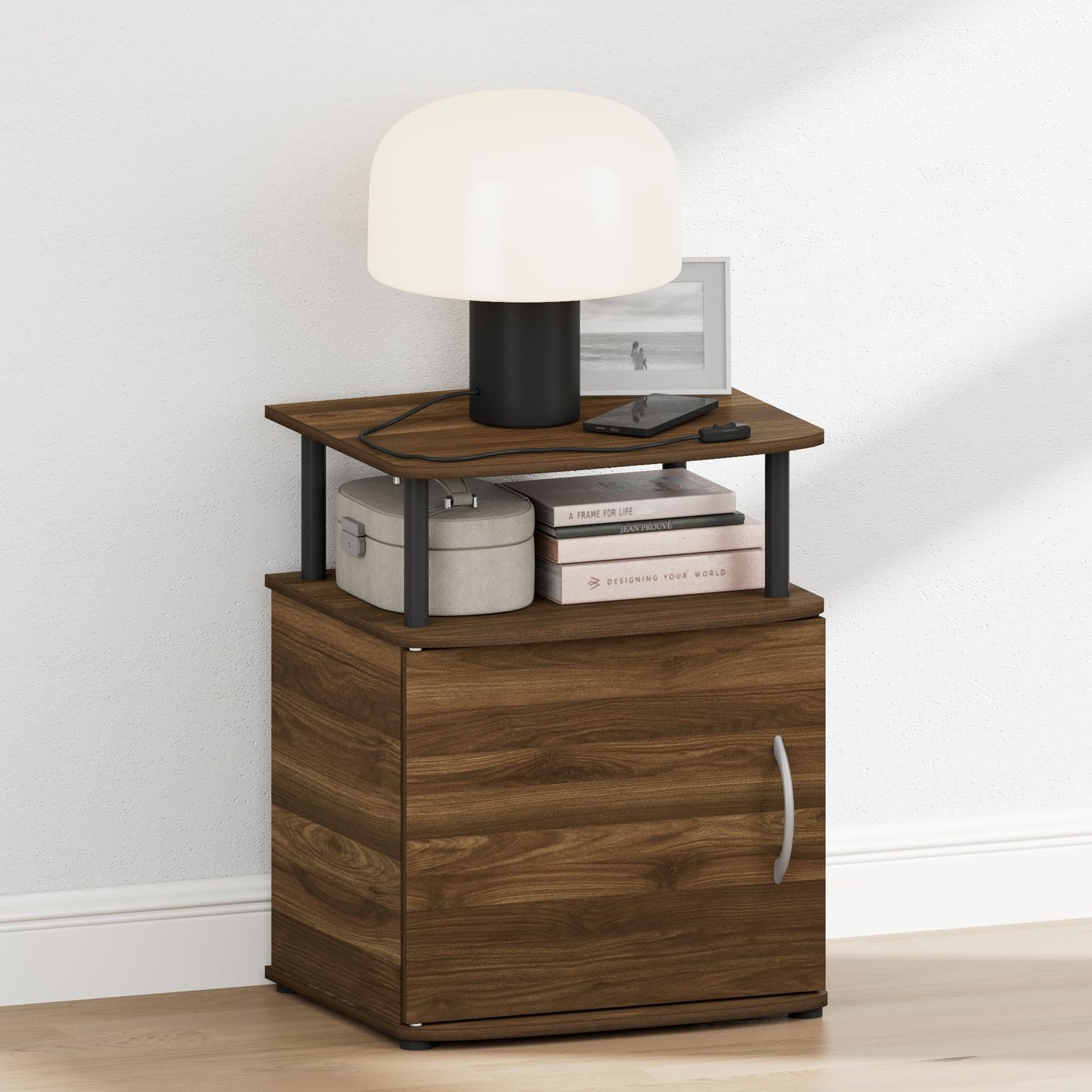Furinno Jaya Night Stand with Door, Nightstand with Open Shelf and Door Cabinet, Round Corner Bedside Table, Side Table, End Table, for Bedroom, Closet, Dorm, Amber Pine