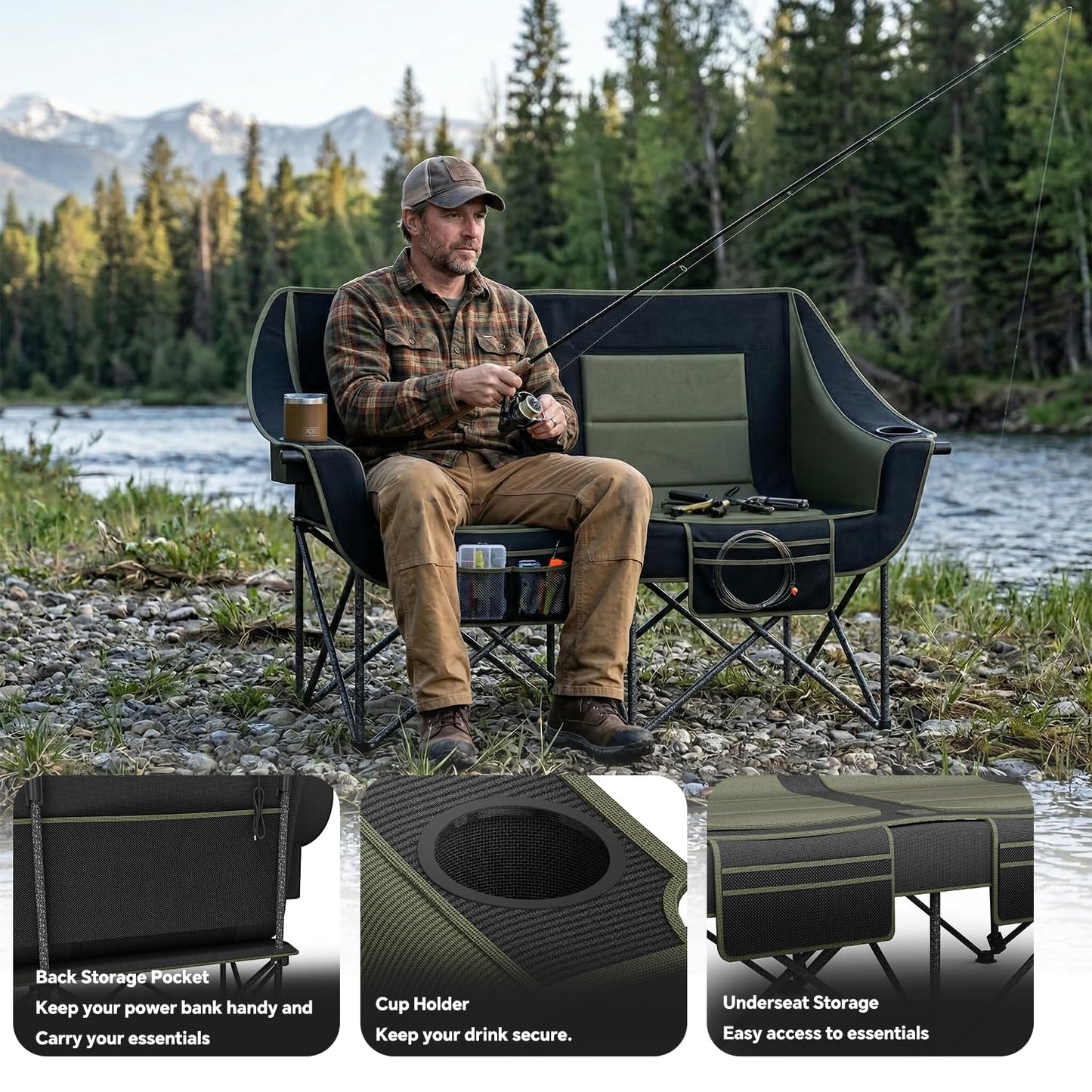 Heavy Duty Double Camping Chair with Padded Camping Loveseat – Oversized 2 Person Folding Camping Chair for Adults,Portable Camping Sofa with Cup Holders & Carry Bag for Outdoor Lawn, Beach or Patio