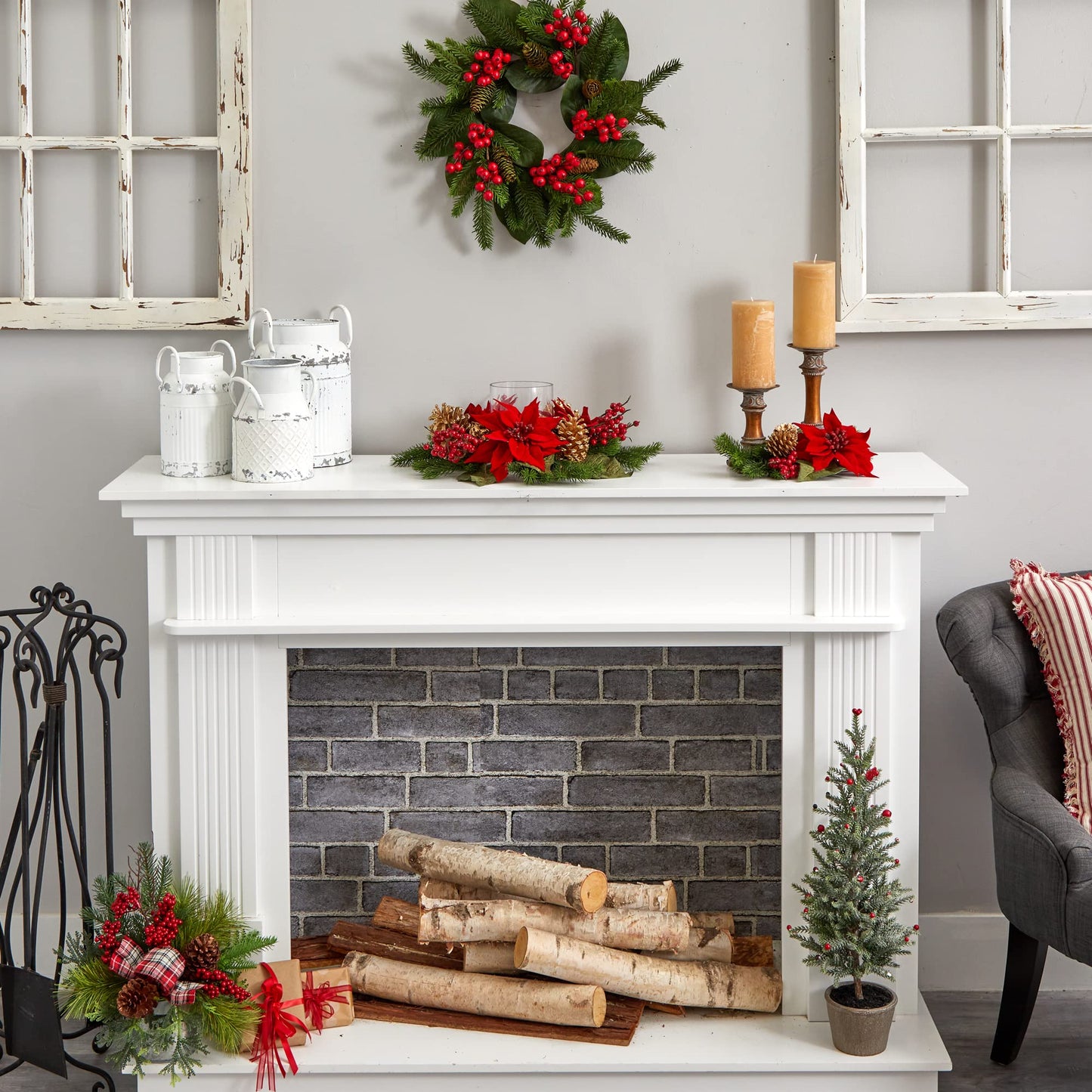 Nearly Natural Poinsettia, Berry and Golden Pine Cone Candelabrum Artificial Silk Arrangements Red 6"D x 14"W x 14"H