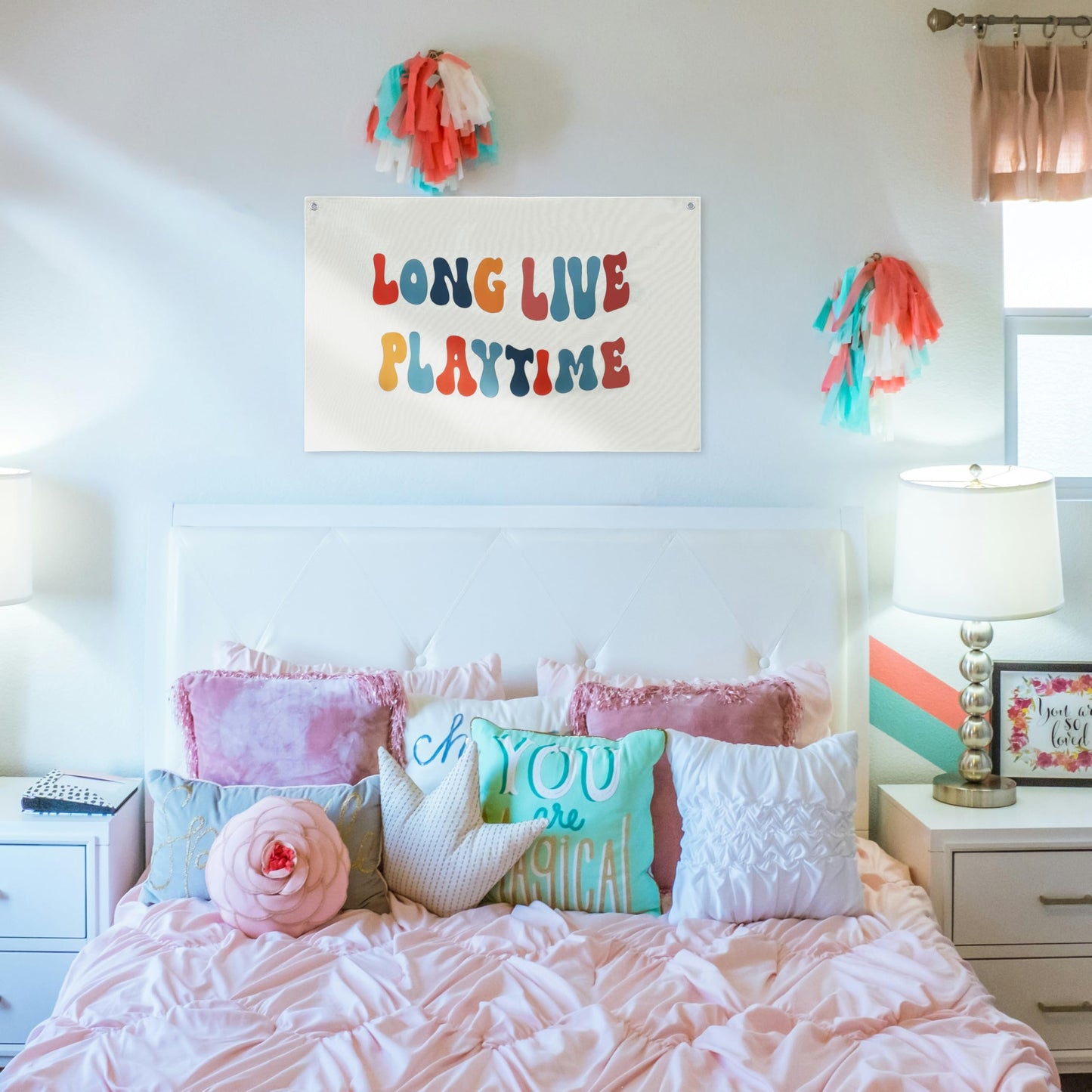 100% Cotton Canvas Long Live Playtime Banner, Toddler Kids Room Nursery, Odor-Free Printed Wall Decor Hanging, Kids Room & Playroom Wall Decor