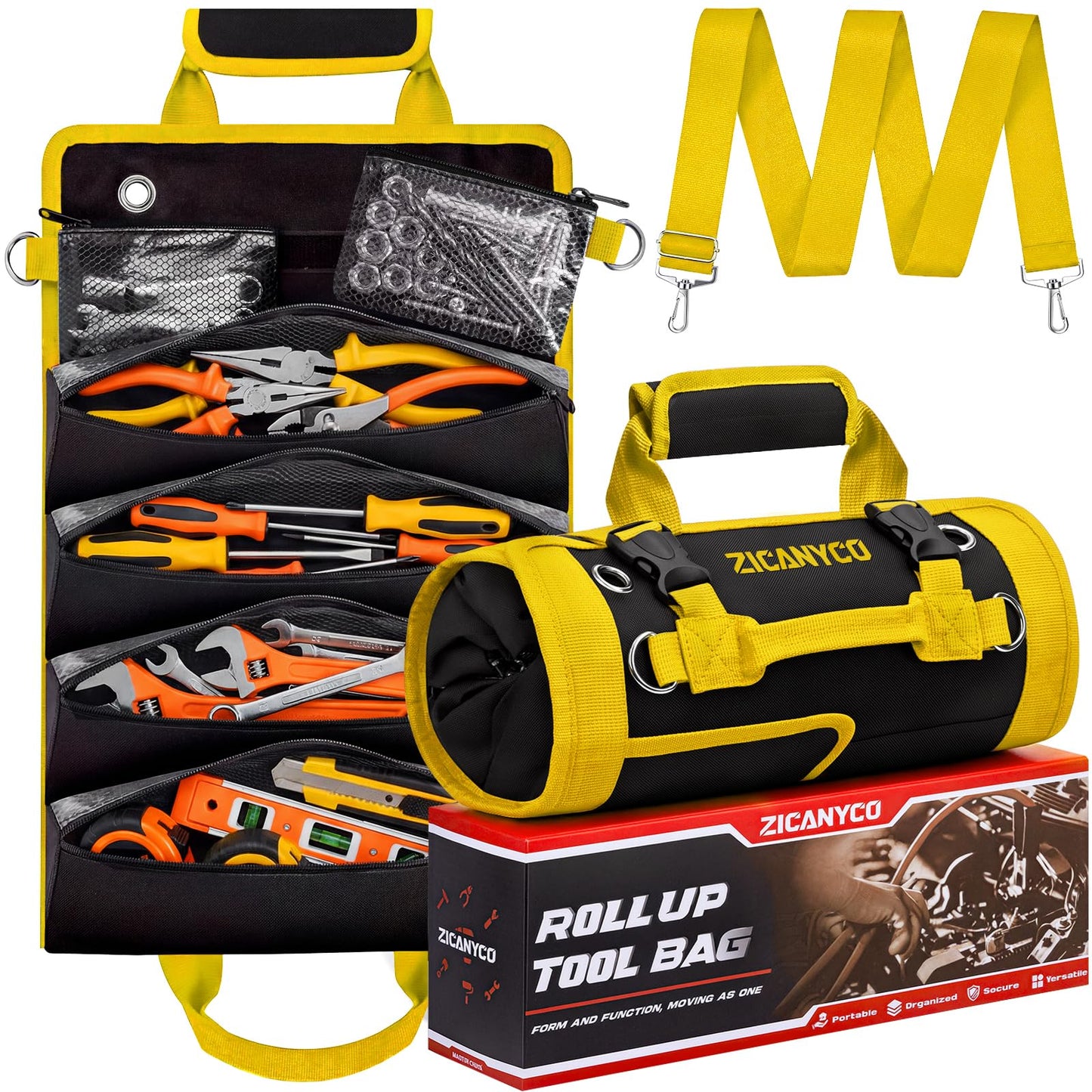 ZICANYCO Roll Up Tool Bag, Heavy Duty See-Through Tool Roll Organizer with 2 Detachable Pouches, Portable Mechanic & Motorcycle Tool Bag, Birthday & Father’s Day Gift, Yellow