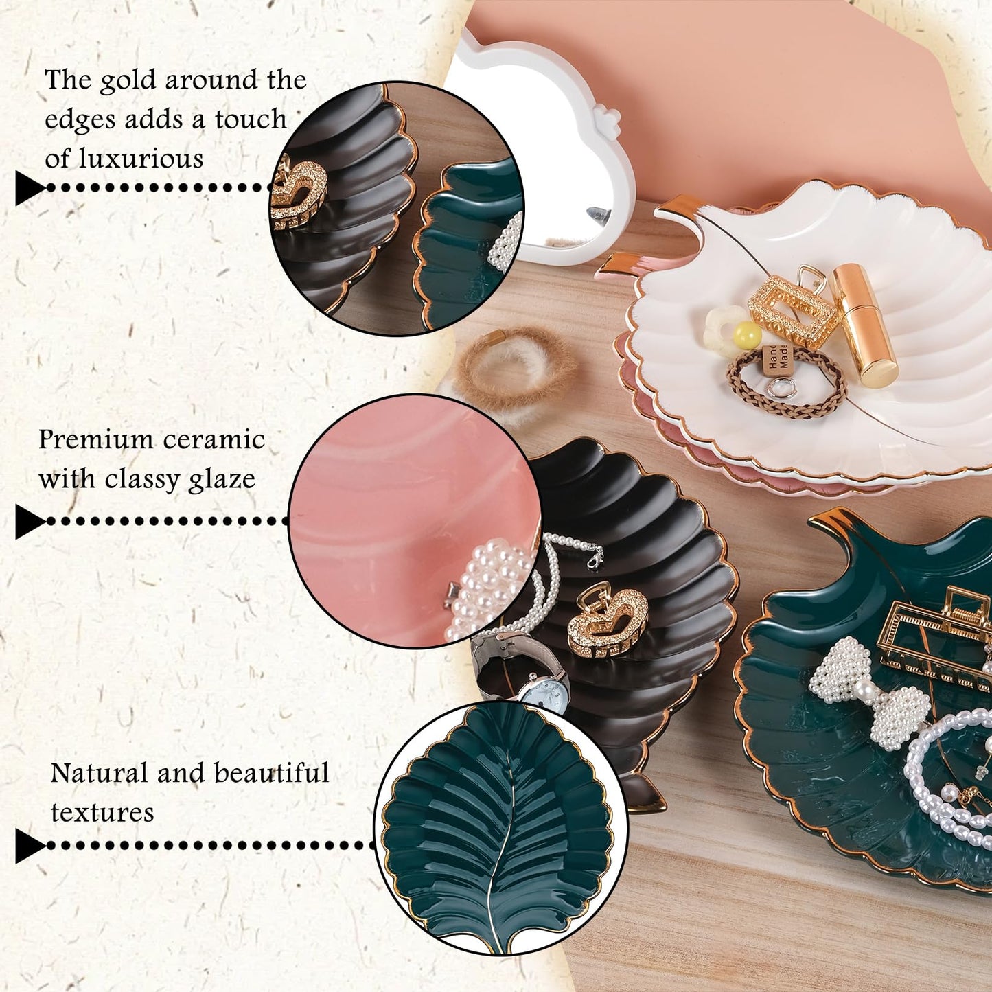 VanEnjoy Candy Dishes Decorative, Key Bowl for Entryway Table, White Ceramic Bowl Decorative, Decorative Bowl for Keys, Leaf Jewelry Plate Tray