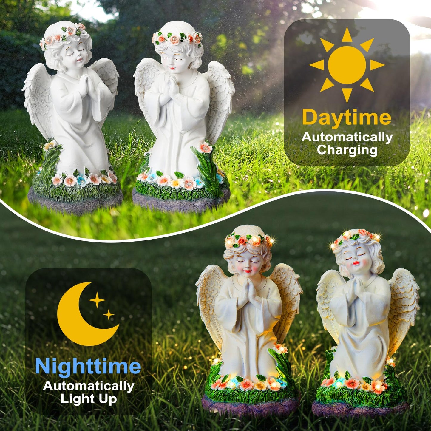 Amyhill 2 Pack Angel Garden Decor Statue Solar Outdoor Figurine Angel Gifts for Women Mom Grandma Light up Cherub Ornaments Outside Yard Lawn Patio Porch Sculpture Decorations