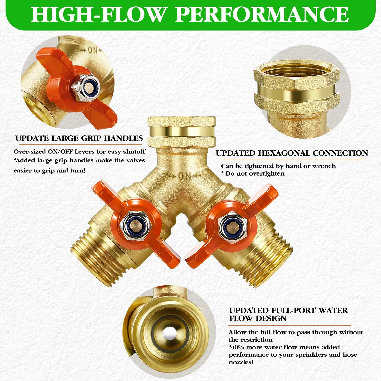 IPOW Upgrade Full Flow Garden Hose Splitter with Stainless Steel Handle, Brass Heavy Duty 2 Way Y Valve Garden Hose Splitter High Flow Spigot Splitter + 6 Rubber Hose Washers with Comfort Grip Use
