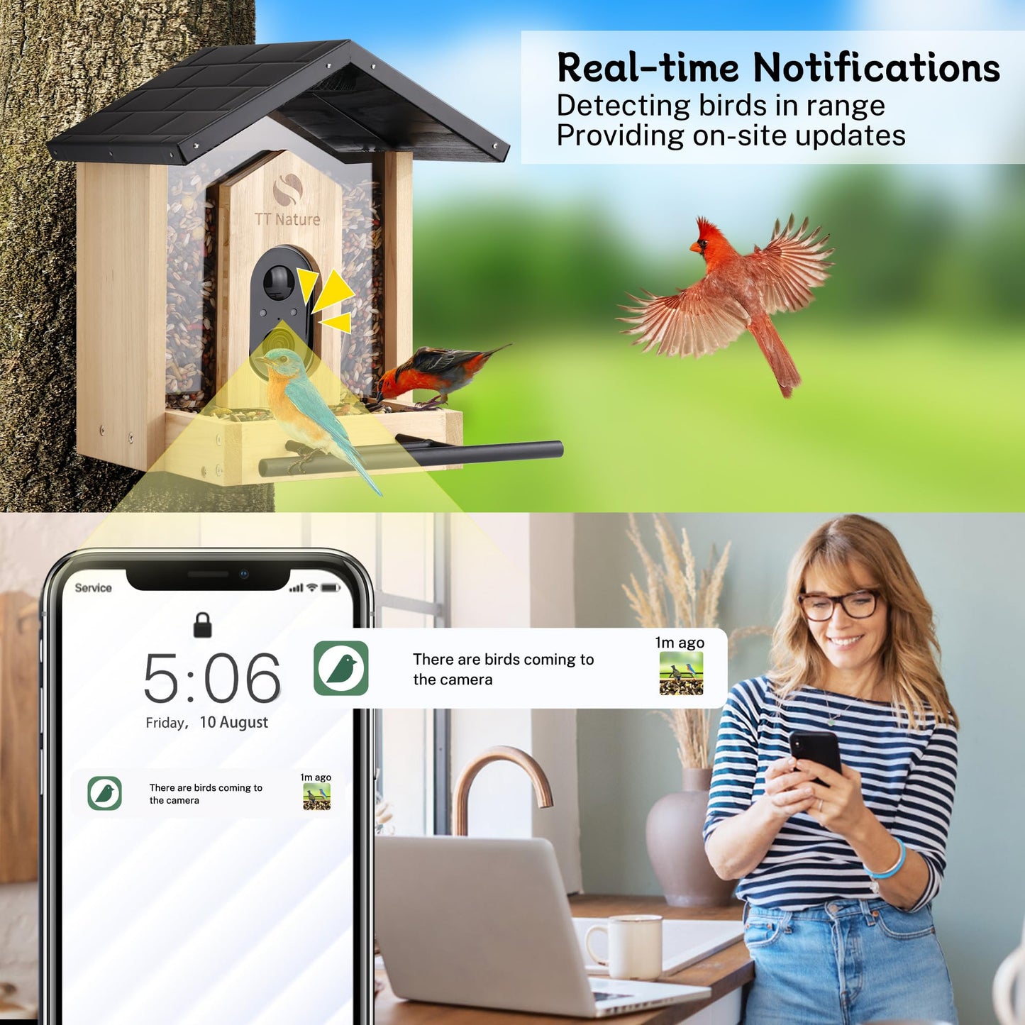 TT Nature Bird Feeder with Camera, Upgraded 1.5L Smart Birdhouse Al Identify for 10000 Plus Species, Auto Capture & Real-time Notifications, Ideal Gift for Bird Lovers (Iron Roof)