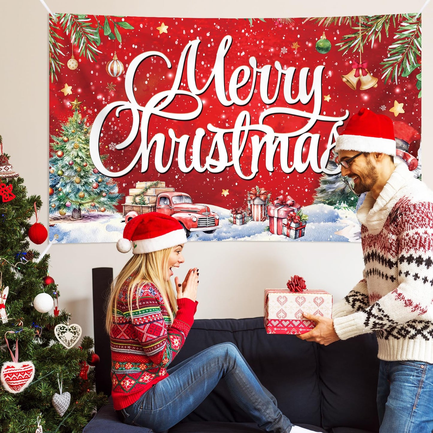 Large Christmas Banner Decorations Red Flag Outdoor 72x44 Inch, Merry Christmas Gifts for Indoor Home House Decor Party Supplies, Yard Sign Background for Photography