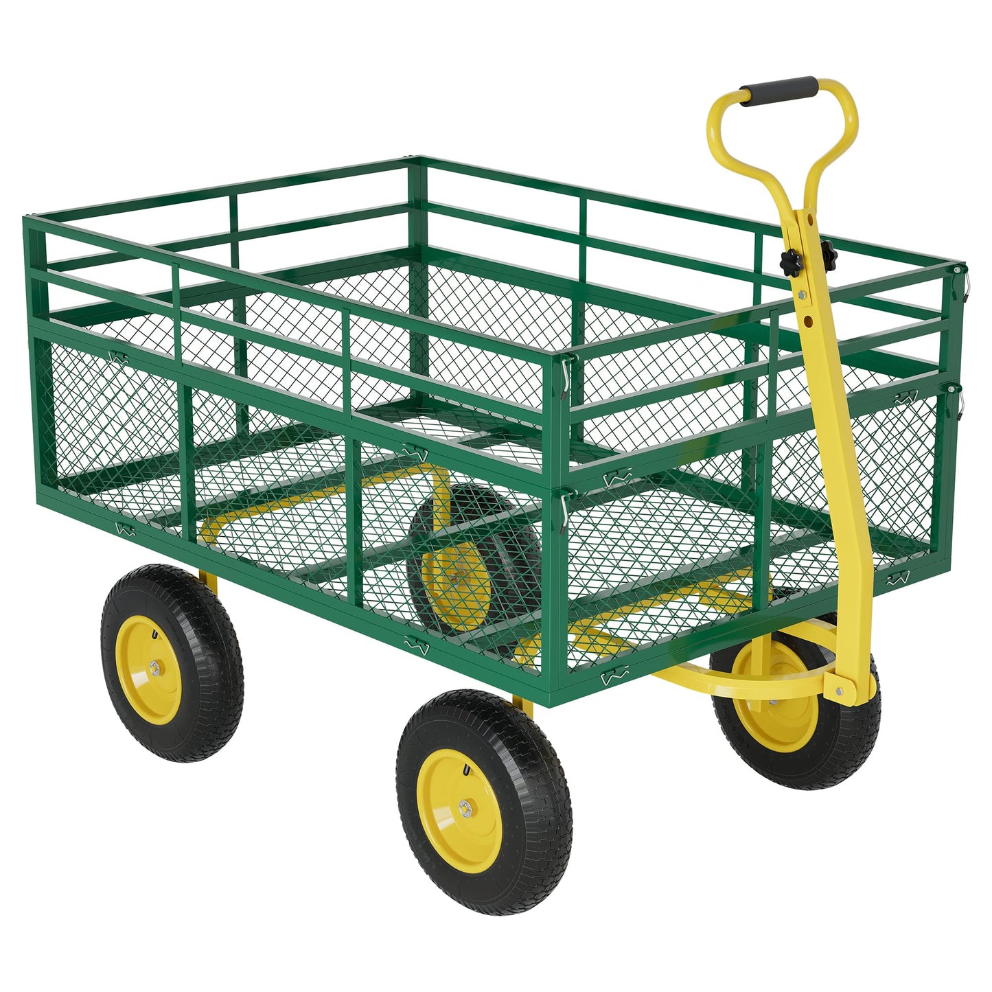 3-in-1 Heavy-Duty Steel Garden Cart, 1400 Lbs Garden Wagon, with 13 Inch All-Terrain Tires and Removable Mesh Side Panels, 180° Rotating Handle, Metal Utility Yard Trailer, Outdoor Gardens Wagon Cart
