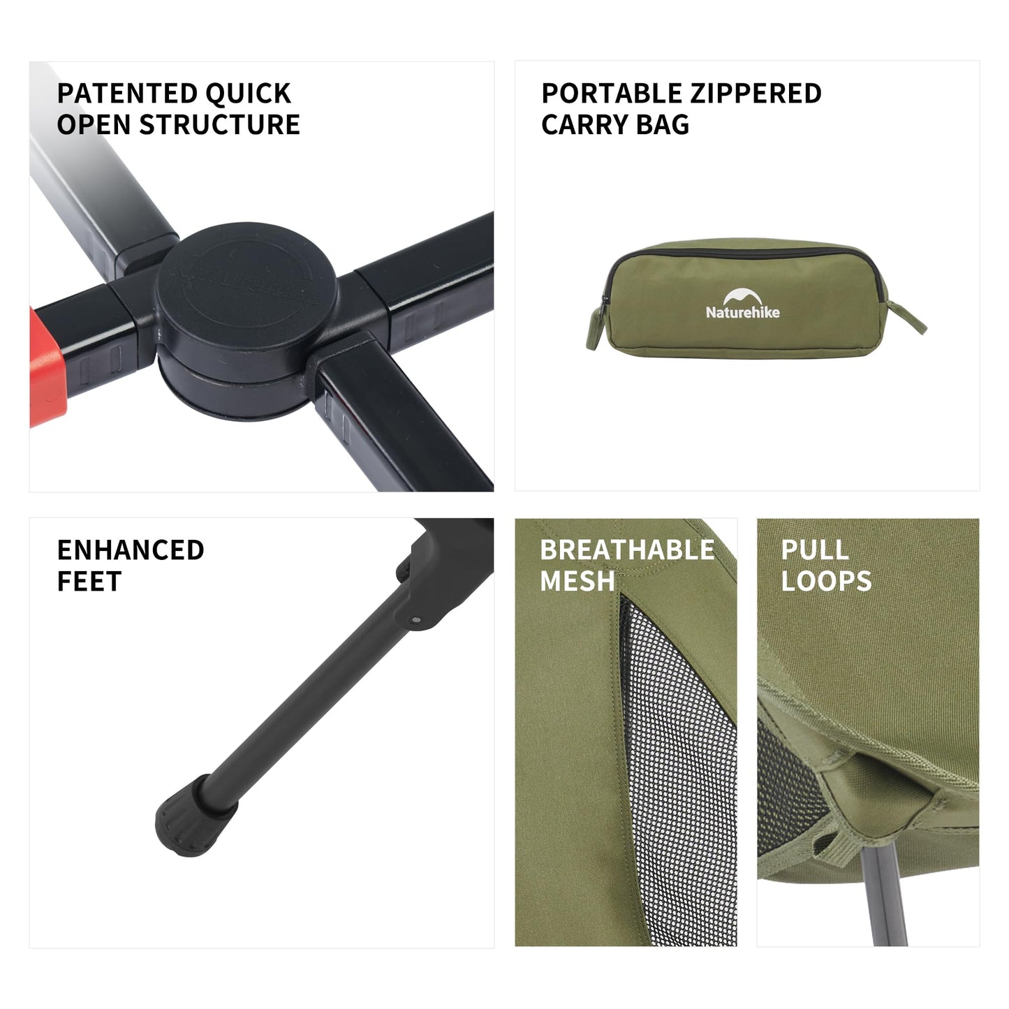 Naturehike YL01 Snap Camping Chair, 1 Second Setup Frame, 441lb Capacity Camp Chair, Portable & Lightweight Backpacking Chair