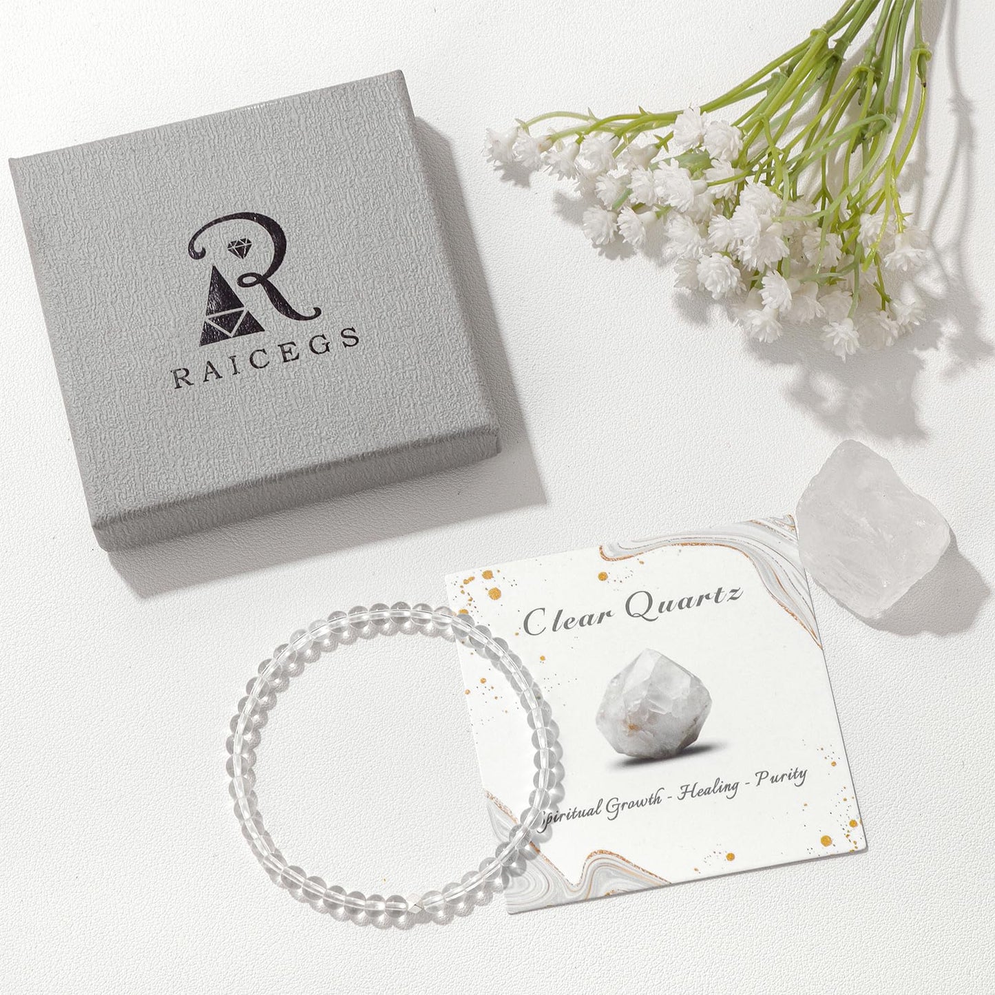Raicegs 4MM Clear Quartz Beaded Bracelets Healing Crystal Bracelet for Women Men Natural Stone Handmade Stretch Bracelet Reiki Spiritual Jewelry