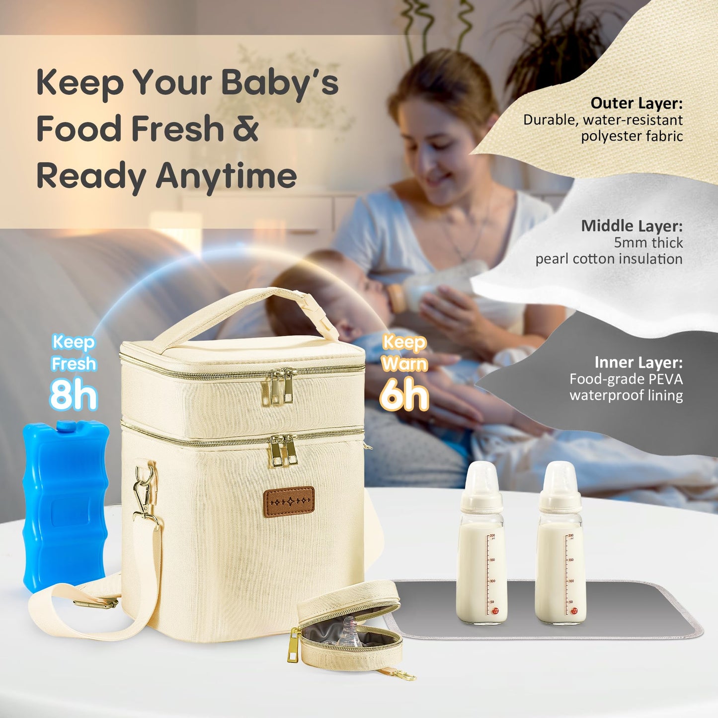 Breast Milk Cooler Bag with Ice Pack, Breastmilk Cooler Travel Bag Fits 6 Bottles up to 9 oz, Double Layer Insulated Baby Bottle Cooler & Breast Pump Storage Bag for Working Nursing Moms, Beige