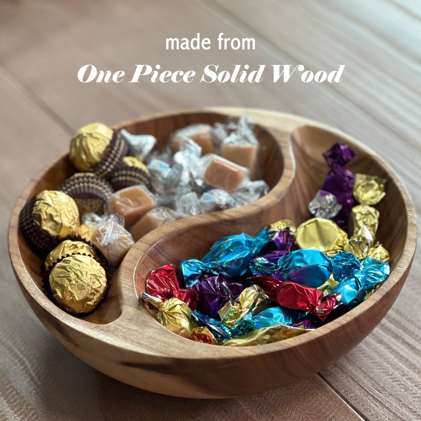 9.8 inches Acacia Wood divided Bowl, in a gift box, for candies, Nuts, dry fruits, made from one pc solid acacia wood, made in Vietnam