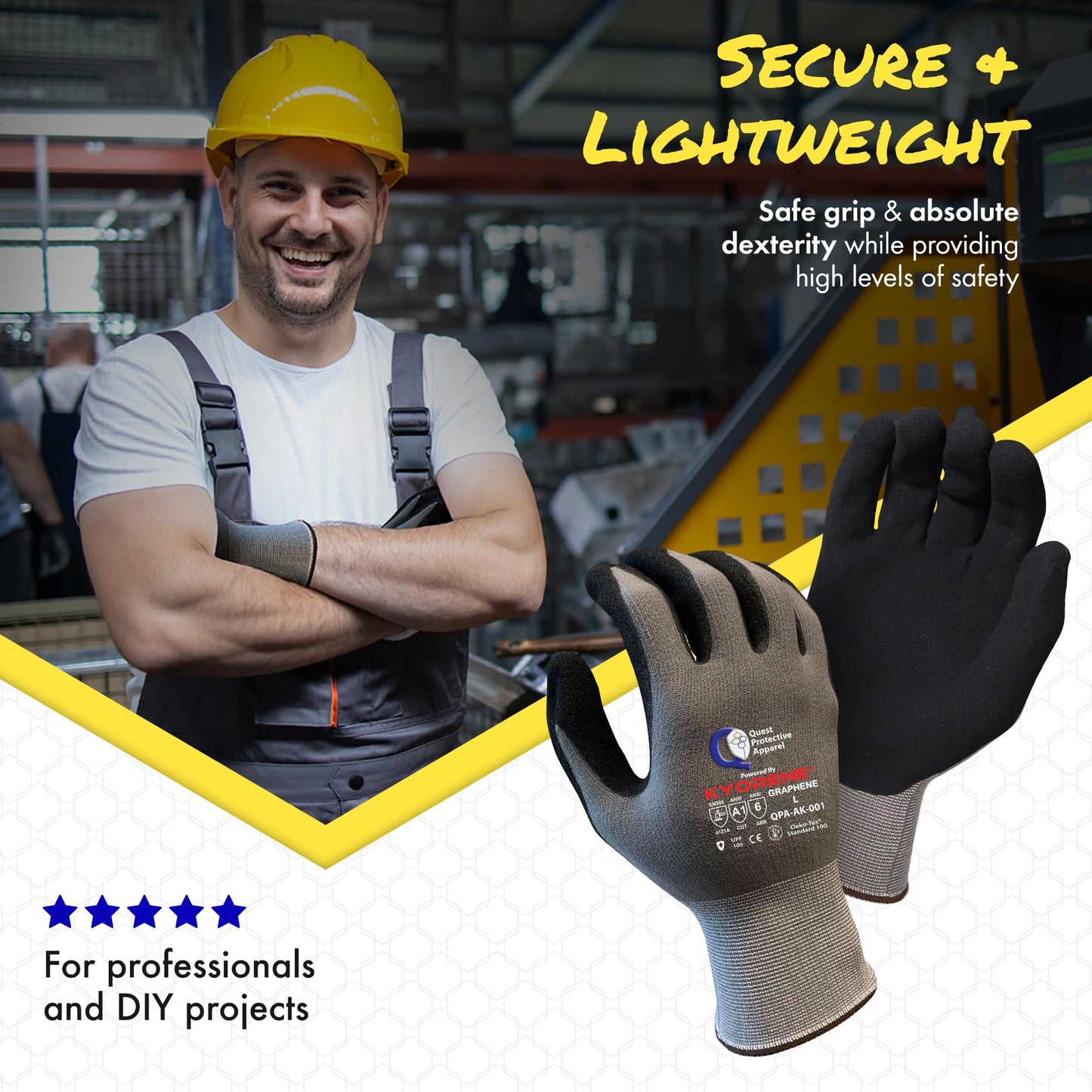 Quest Protective Apparel Cut Resistant Work Gloves (ANSI A1) – Lightweight Graphene Gloves for Gardening, DIY, Mechanical & General Handling – Breathable Grip Gloves for Men & Women – Large, Pack of 1