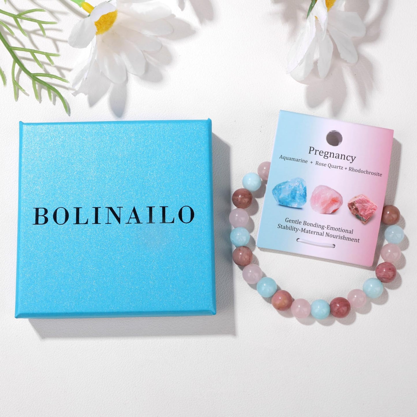 Bolinailo Healing Crystal Pregnancy Bracelet 8mm Crystal Beaded Bracelet for Women Men Natural Stones of Aquamarine, Rose Quartz and Rhodochrosite Handmade Gemstone Reiki Spiritual Jewelry Gifts
