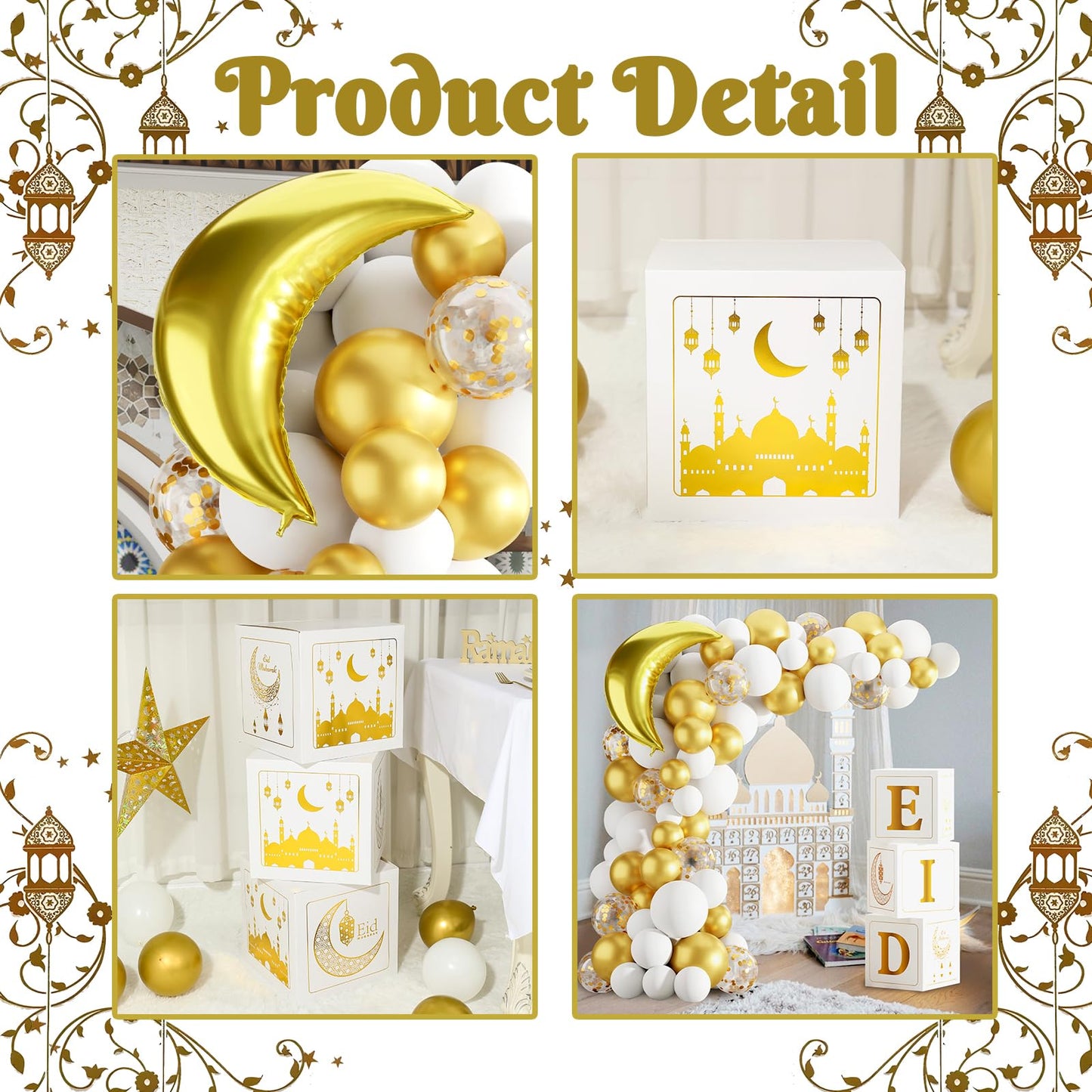Eid Mubarak Decoration for Home 2026 - 89 White Gold Balloon Arch with Eid Mubarak Star Balloons,Star Moon Balloon Boxes,Ramadan Party Supplies Decorations for Ramadan Festival