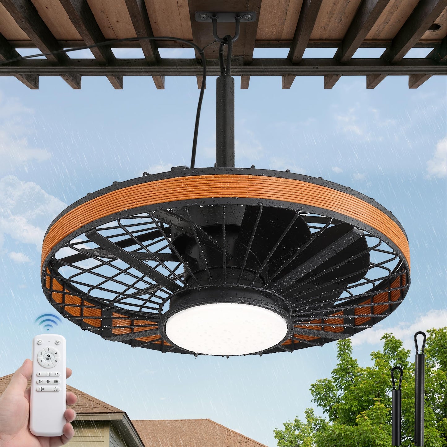 LEDIARY Outdoor Ceiling Fans with Lights, IP65 Waterproof Gazebo Fan with Hanging Hook,6 Speeds, 3CCT, 20 Inch Wet Rated Plug in Ceiling Fan for Patios,Porch, Pergola,Canopy, Brown