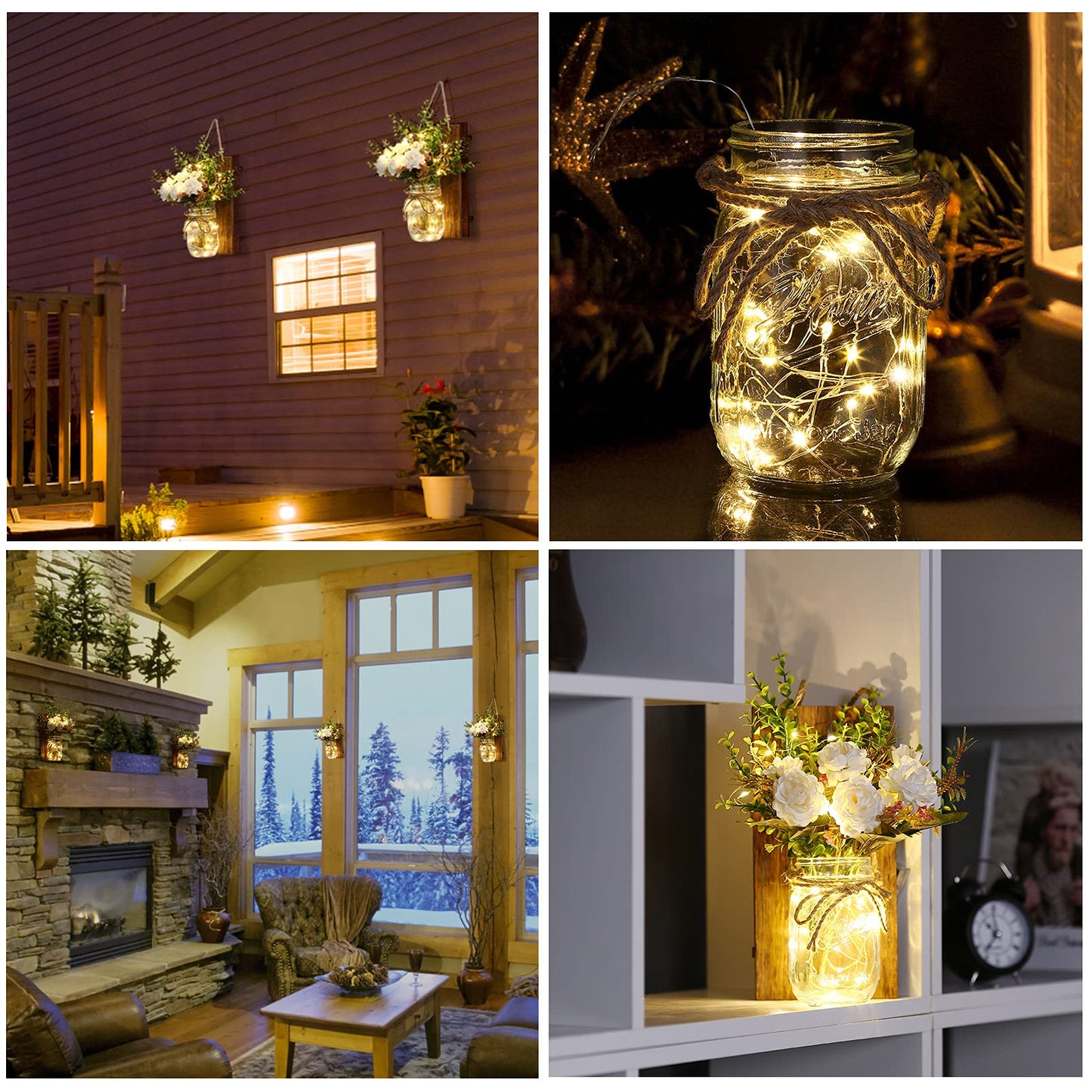 Lightess Wall Decor Mason Jar Sconces with Remote Control, Rustic Home Decor LED Fairy Lights with White Rose, Farmhouse Wall Decorations Lights Set of Two for Dining Room Living Room