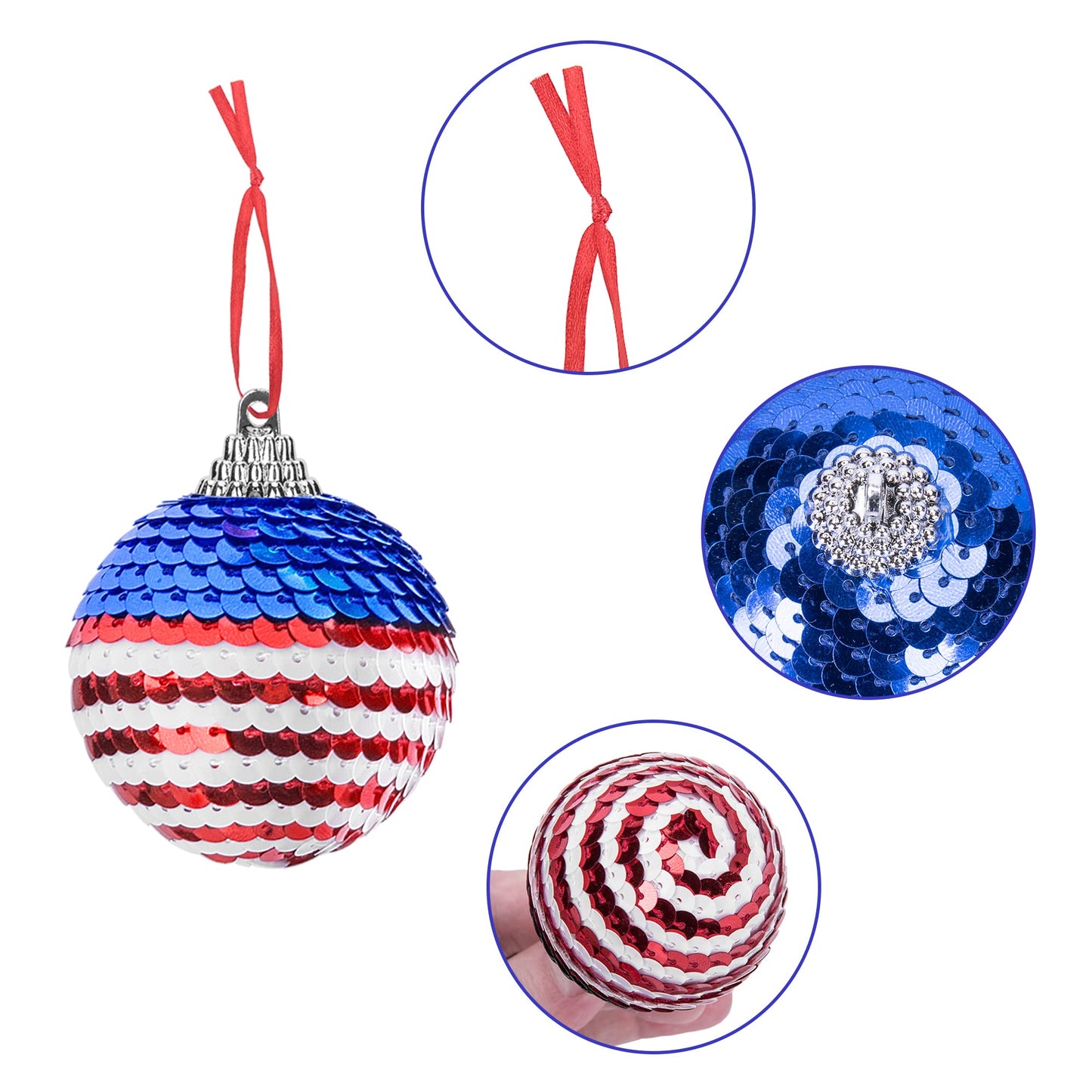 12 Pieces Independence Day Hanging Ball - 2 Inch Memorial Day Sequin Hanging Ball Ornament - 4th of July Red White Blue Tree Decorations for Memorial Day Veterans Patriotic USA Themed Party Supplies