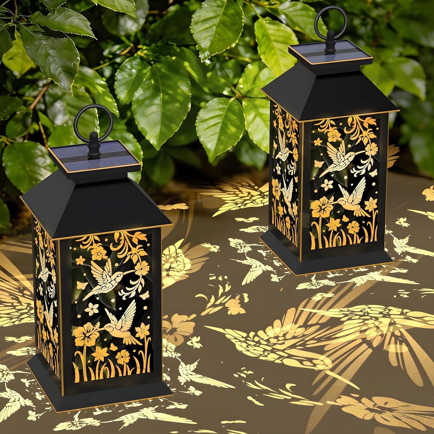 2 Pack Hanging Solar Lanterns, Hummingbird Projection Solar Lights, Outdoor Waterproof Upgraded Solar and 2 AA Batteries Powered, for Outside Porch, Patio and Indoor Tables, Mantelpiece.