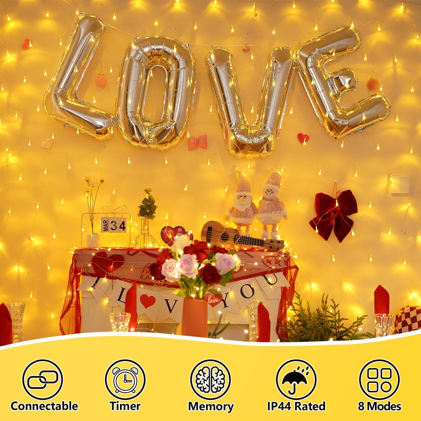 YEGUO Net Lights Outdoor Mesh Lights, 12ft x 5ft 360 LED Warm White Valentines Light Outdoor Waterproof, 8 Modes Connectable Clear Wire Christmas Bush Light Plug in