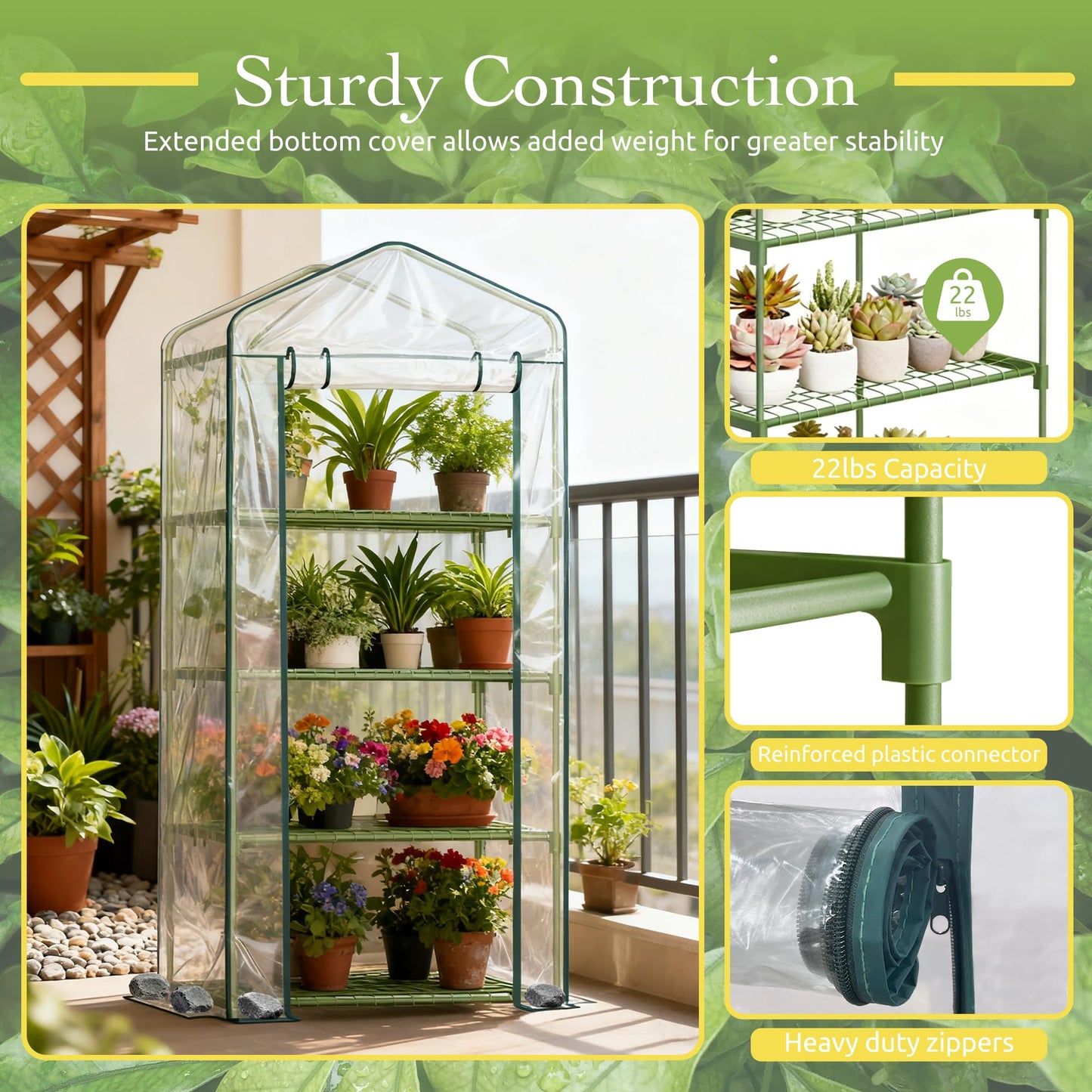 OnlyGarden Mini Greenhouse for Outdoor Indoor, 4 Tier Shelves Small Green House for Winter, Portable Greenhouses with PE-Coated Metal Frame Heavy Duty PVC Cover, Plant Rack Stand House 2.3x1.6x5.2ft
