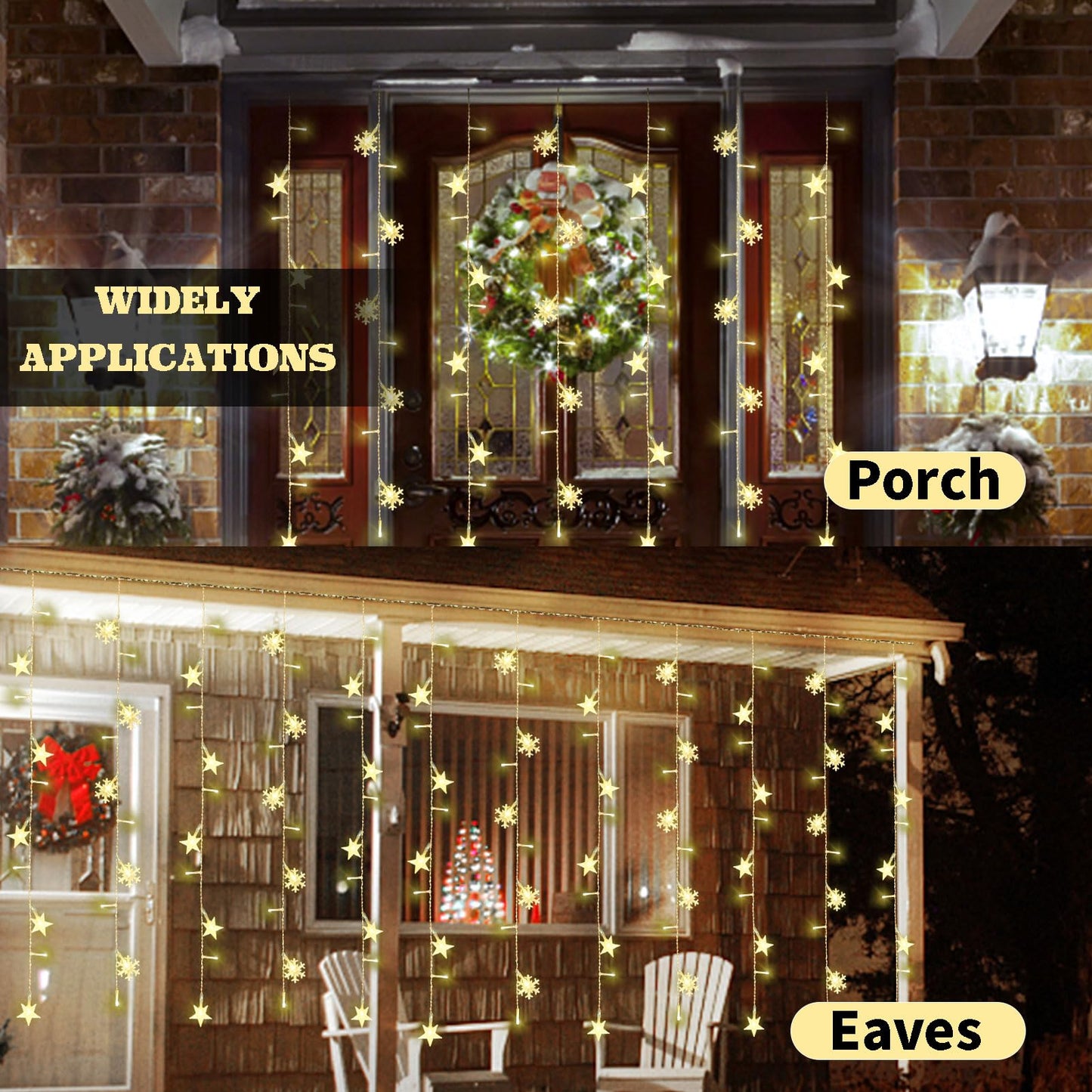 Newhale 8 Modes Christmas Curtain String Lights with Snowflake and Star, USB Plug in Wall Lights Christmas Decorations Indoor, Xmas Window Light Decor, Warm White