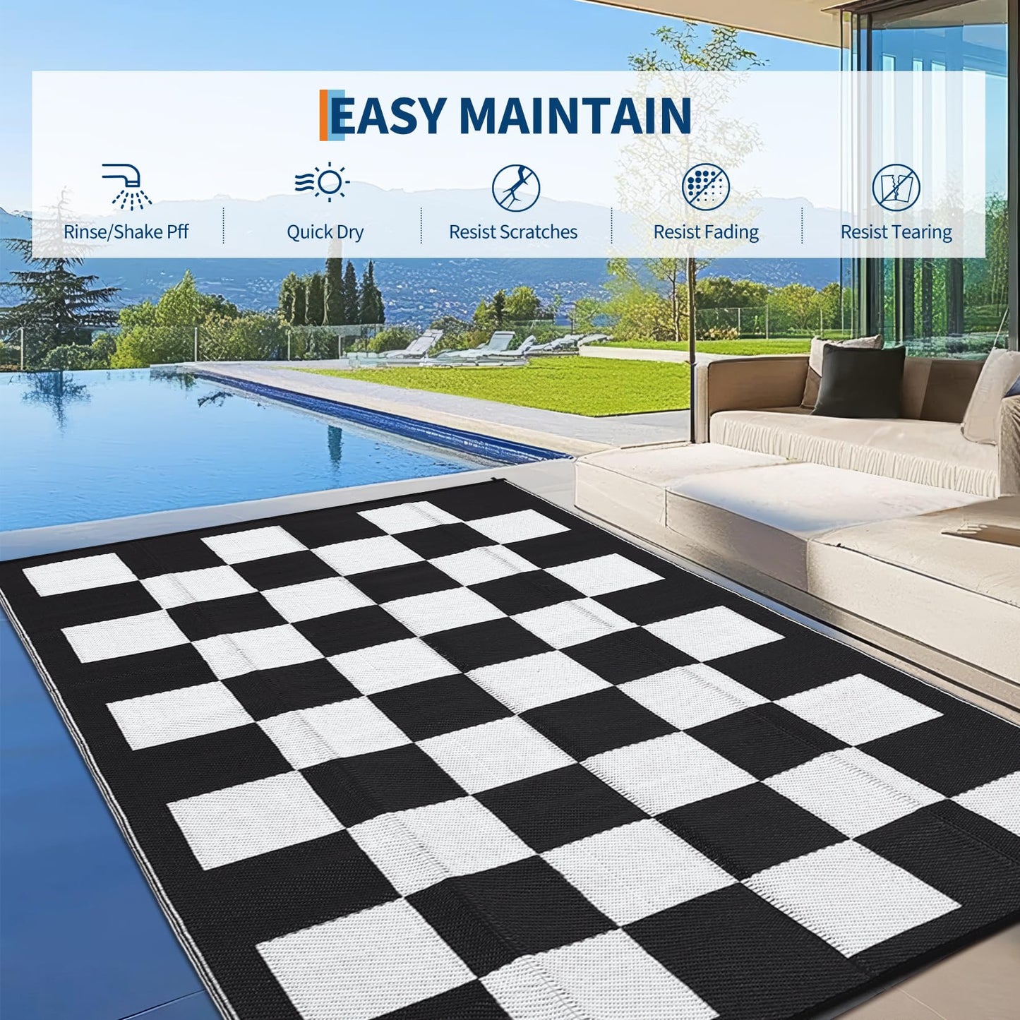 Jojoka Large Waterproof Outdoor Rug, Reversible Plastic Straw Mat, Modern Checkered Plaid Carpet, UV-Resistant & Collapsible for Patio Deck Camping, Easy Clean Outdoor Area Rug