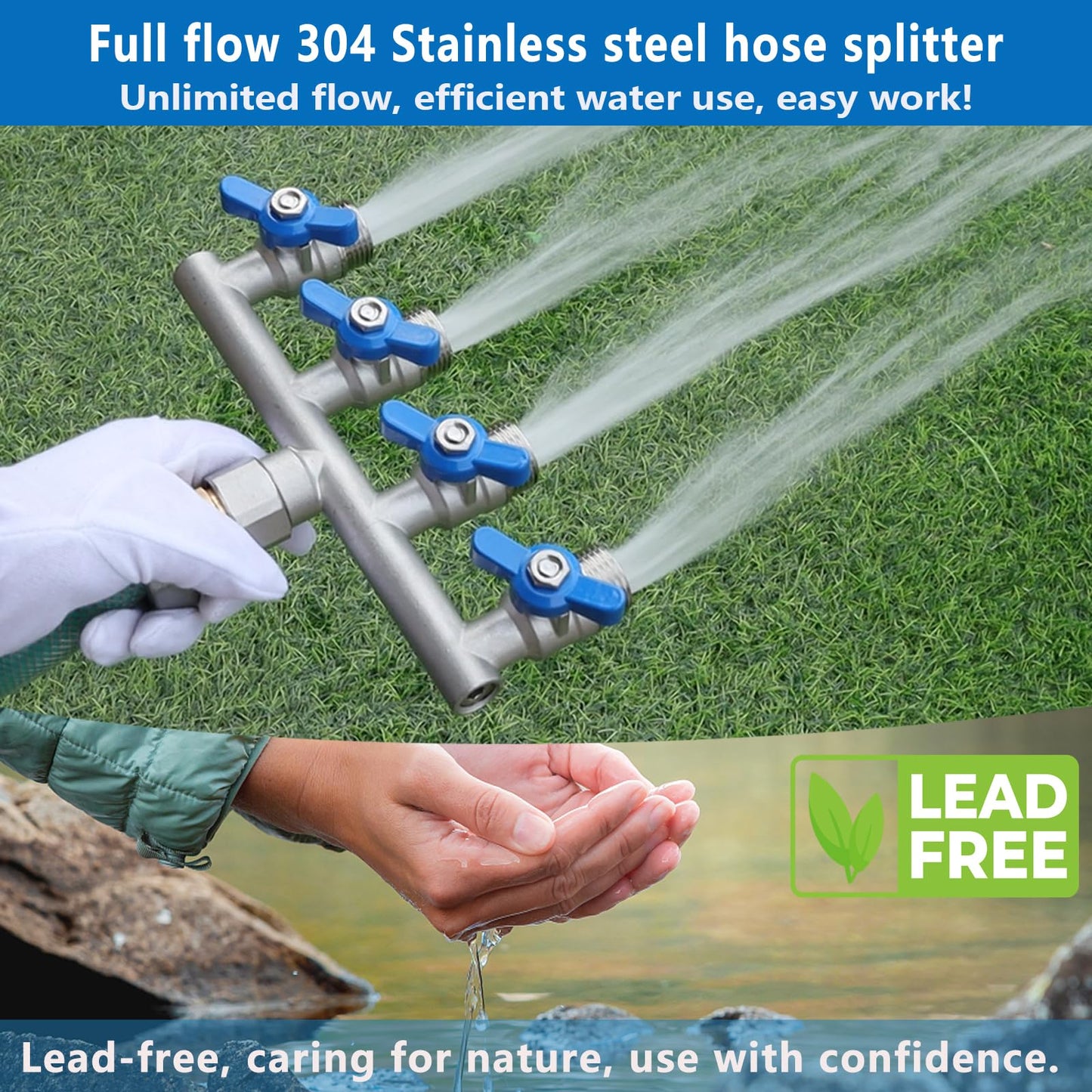 304 Stainless Steel Garden Hose Splitter 4 Way Heavy Duty, Full Flow T Valve Water Hose Splitter With 2.1" Extra Long Handle, Lead-free，3/4" GHT Thread Connector For Outdoor Spigot Faucet